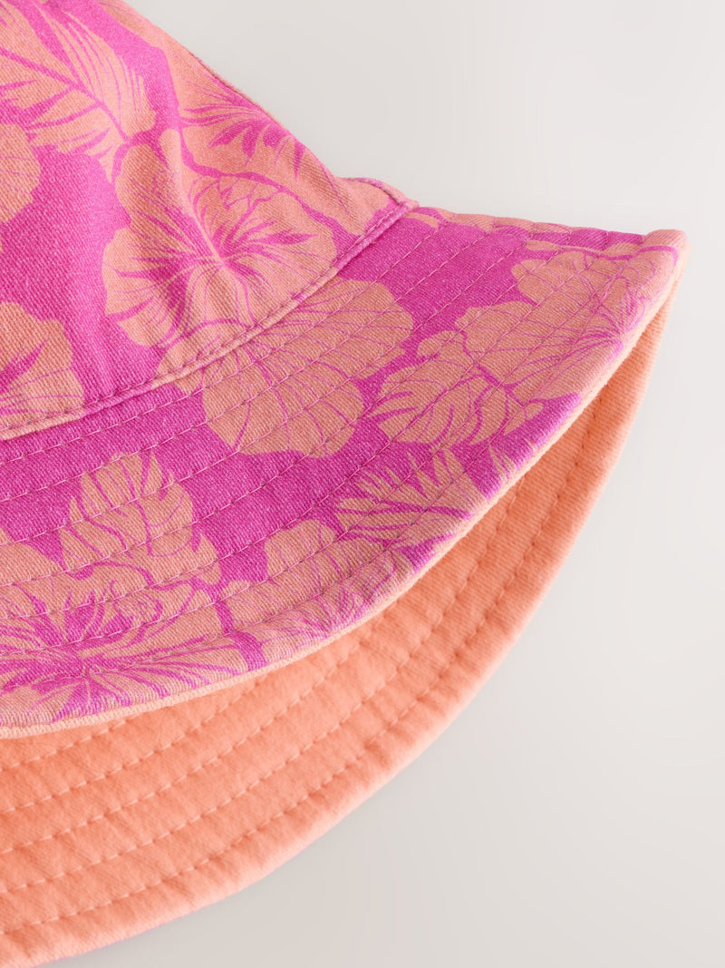 Hibiscus printed bucket hat pink purple reversible 3mths-16yrs (British brand)