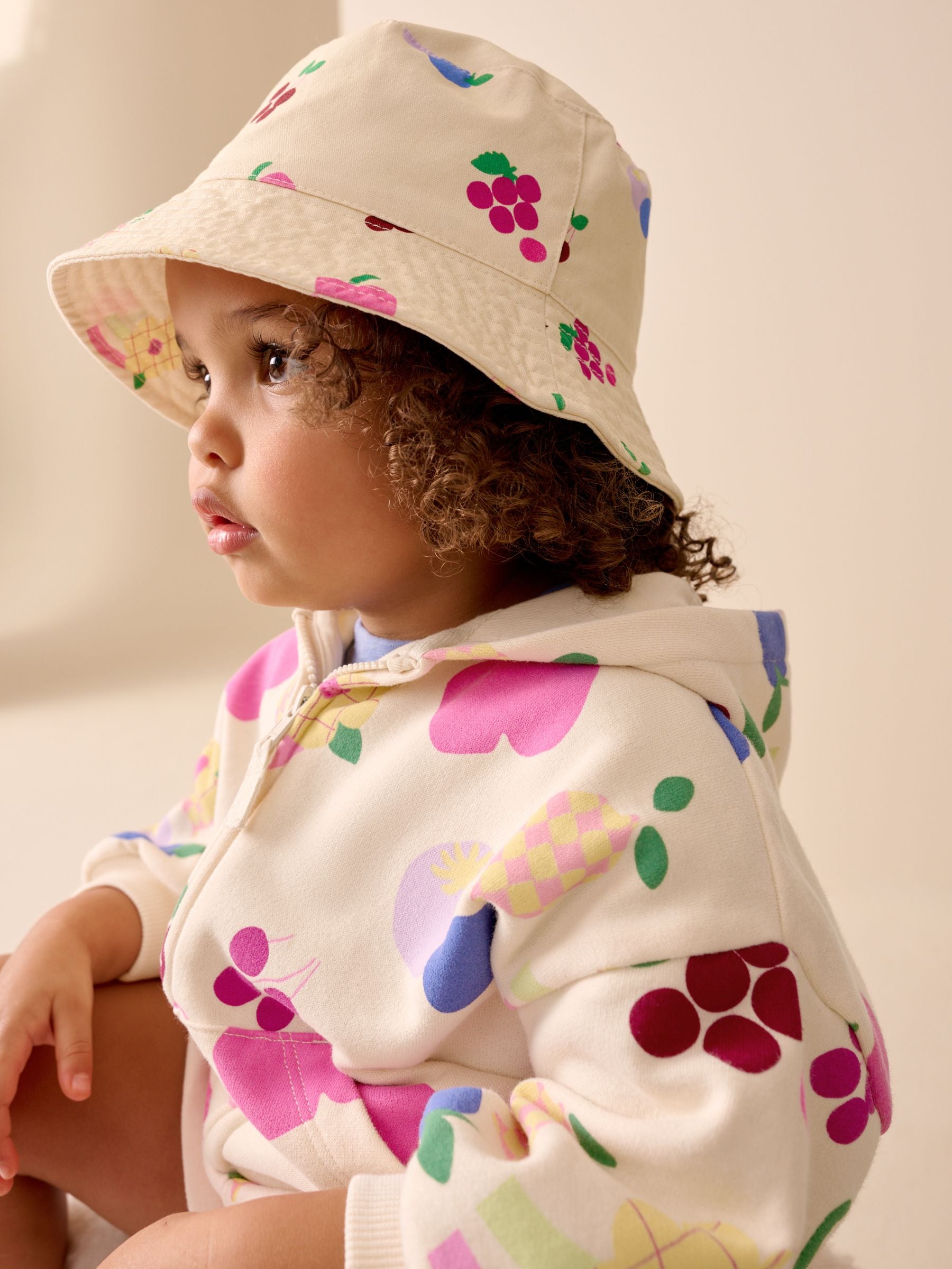 Pink fruit pattern bucket hat for children, imported from the UK