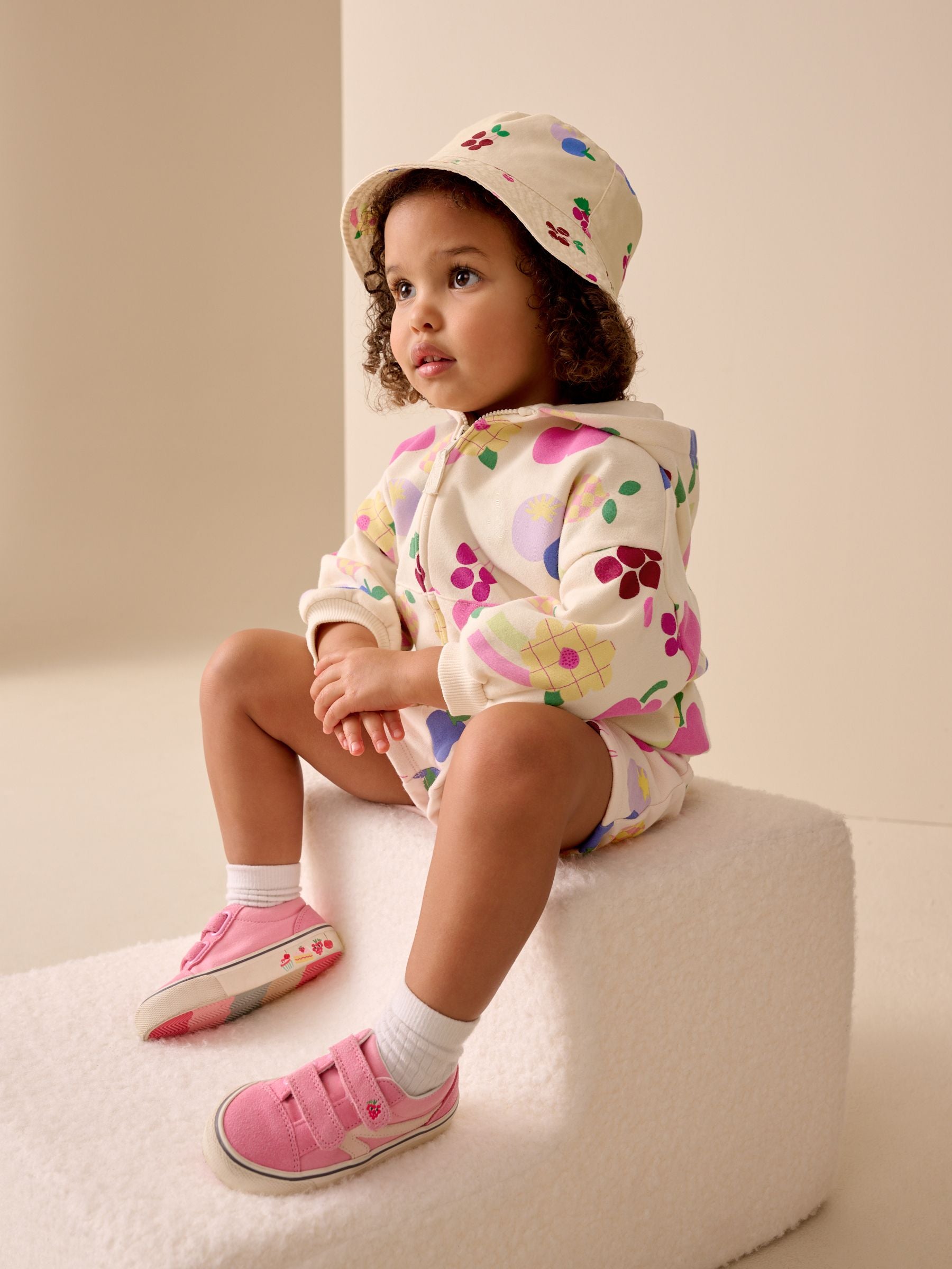Pink fruit pattern bucket hat for children, imported from the UK