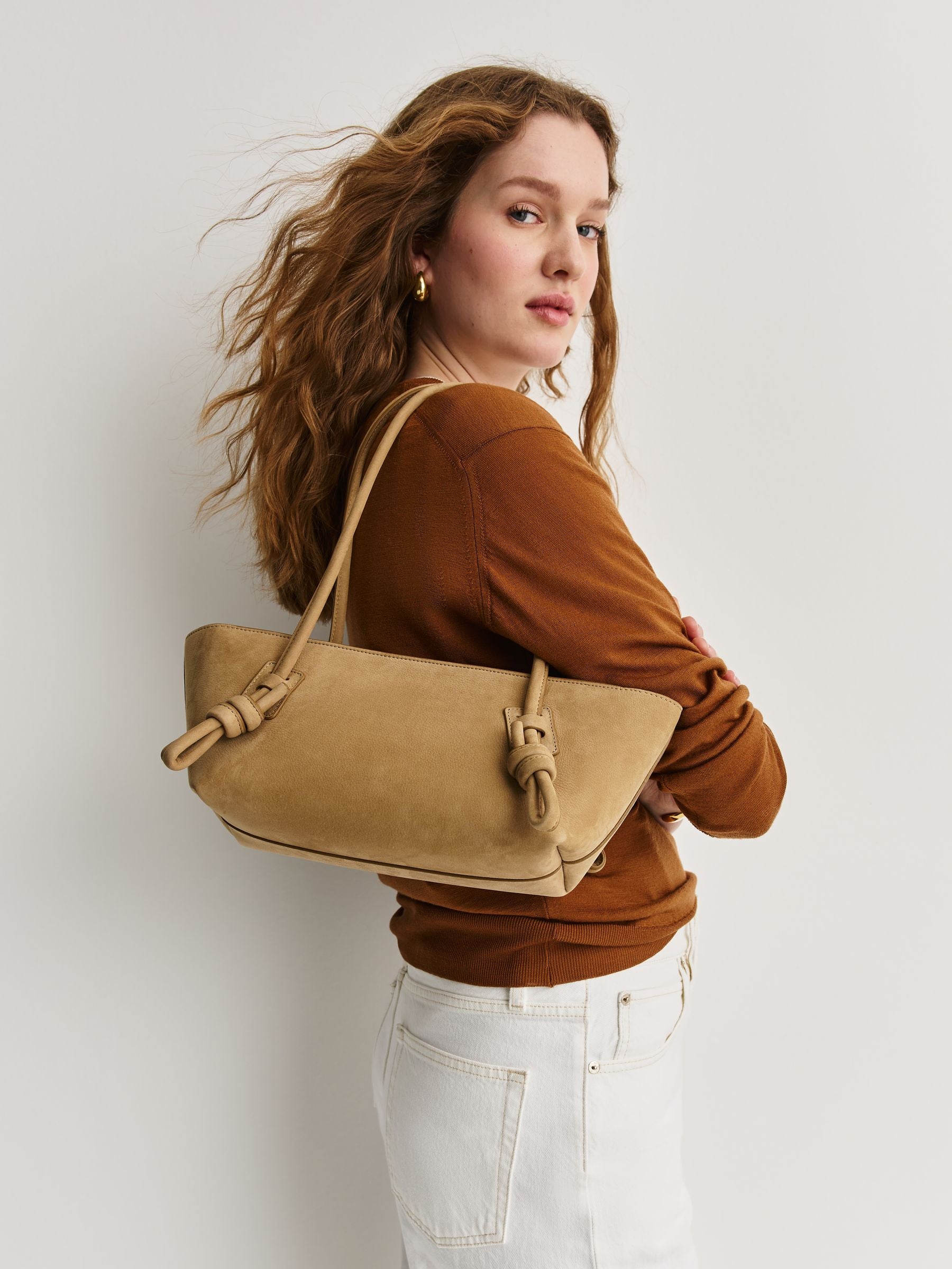 Hereu Studio Caramel Fleca Nobuck Baguette Shoulder Bag With Knotted Handle Detail