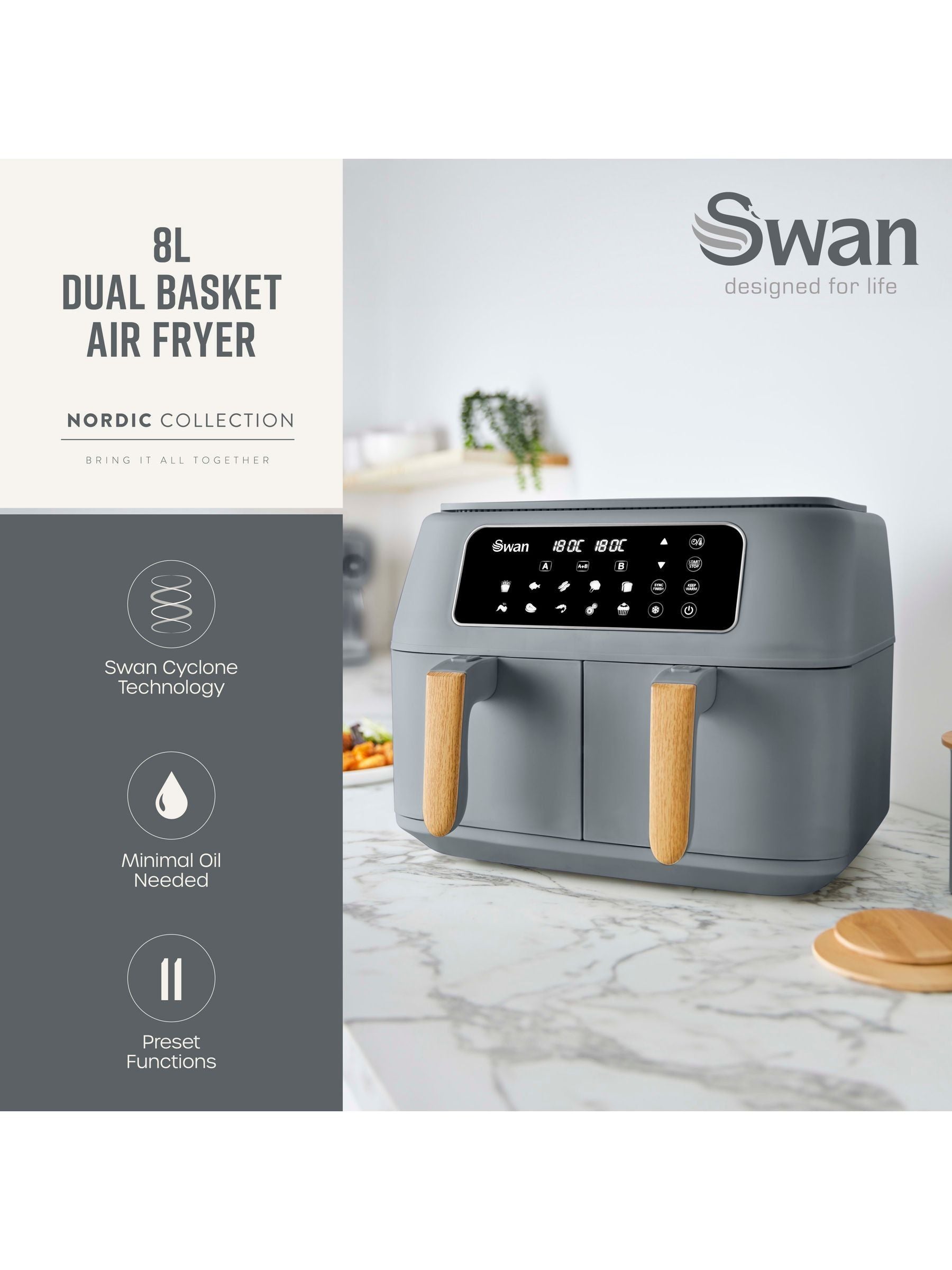 Swan Grey Nordic Duo 13-in-1 Air Fryer