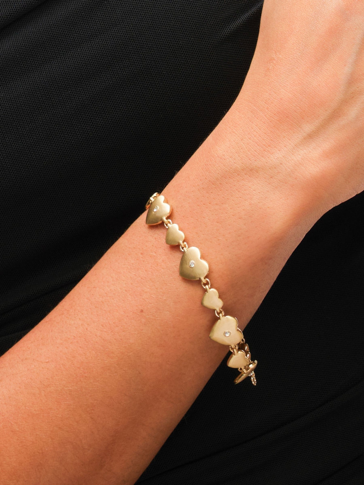 Gold Plated Brushed Heart and Crystal Bracelet with Lobster Clasp, 178mm Length