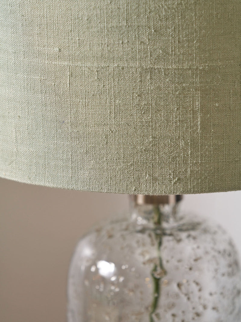 Designers Guild grey bubble glass table lamp pistachio jute linen shade (British brand)
