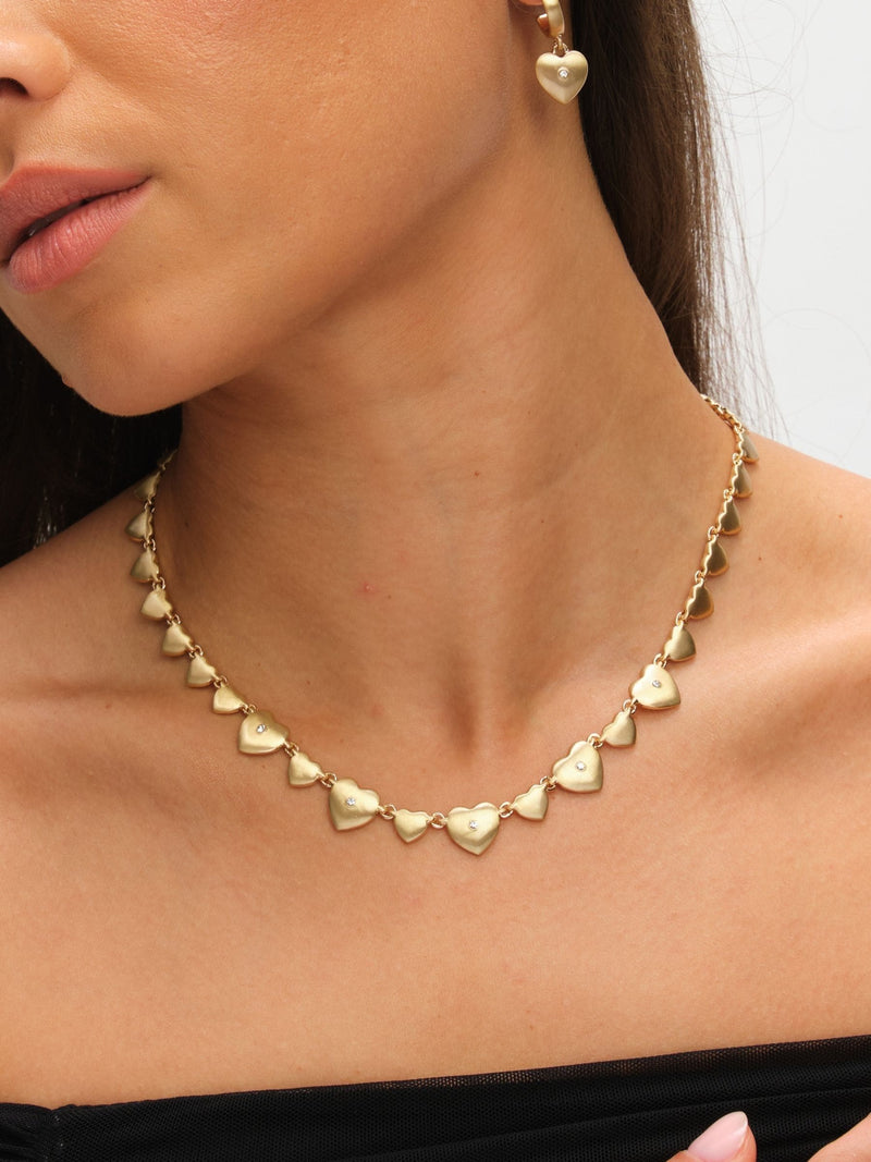 Gold Plated Brushed Heart and Crystal Necklace with Lobster Clasp