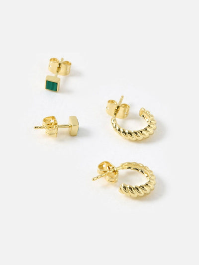 Next Oliver Bonas Gold Hazel Malachite Stud and Twisted Hoop Gold Plated Earrings Set- Buy online at McGrocer