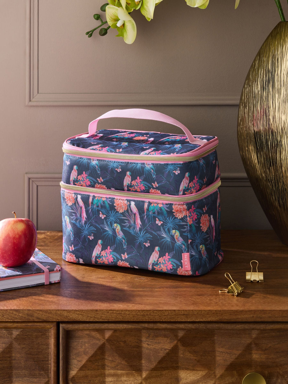 Tropical print lunch bag in pink and navy (British brand)