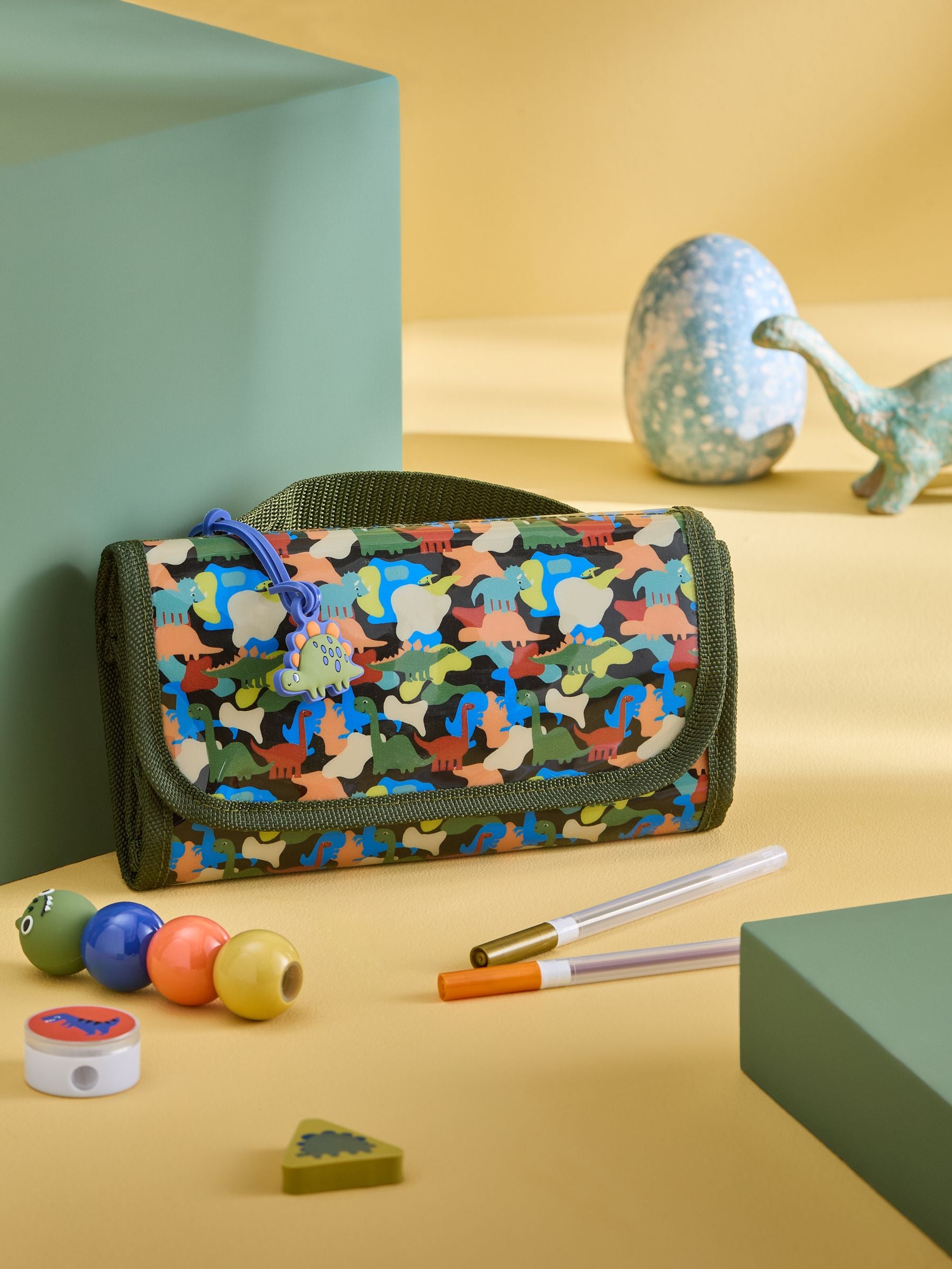 Khaki camo dinosaur filled pencil case, UK version