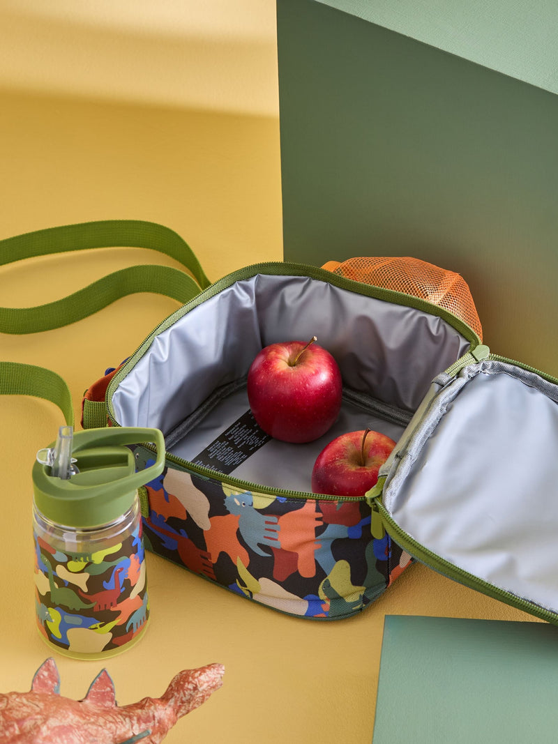 Khaki Camo Dinosaur Lunch Bag with water bottle, imported from the UK
