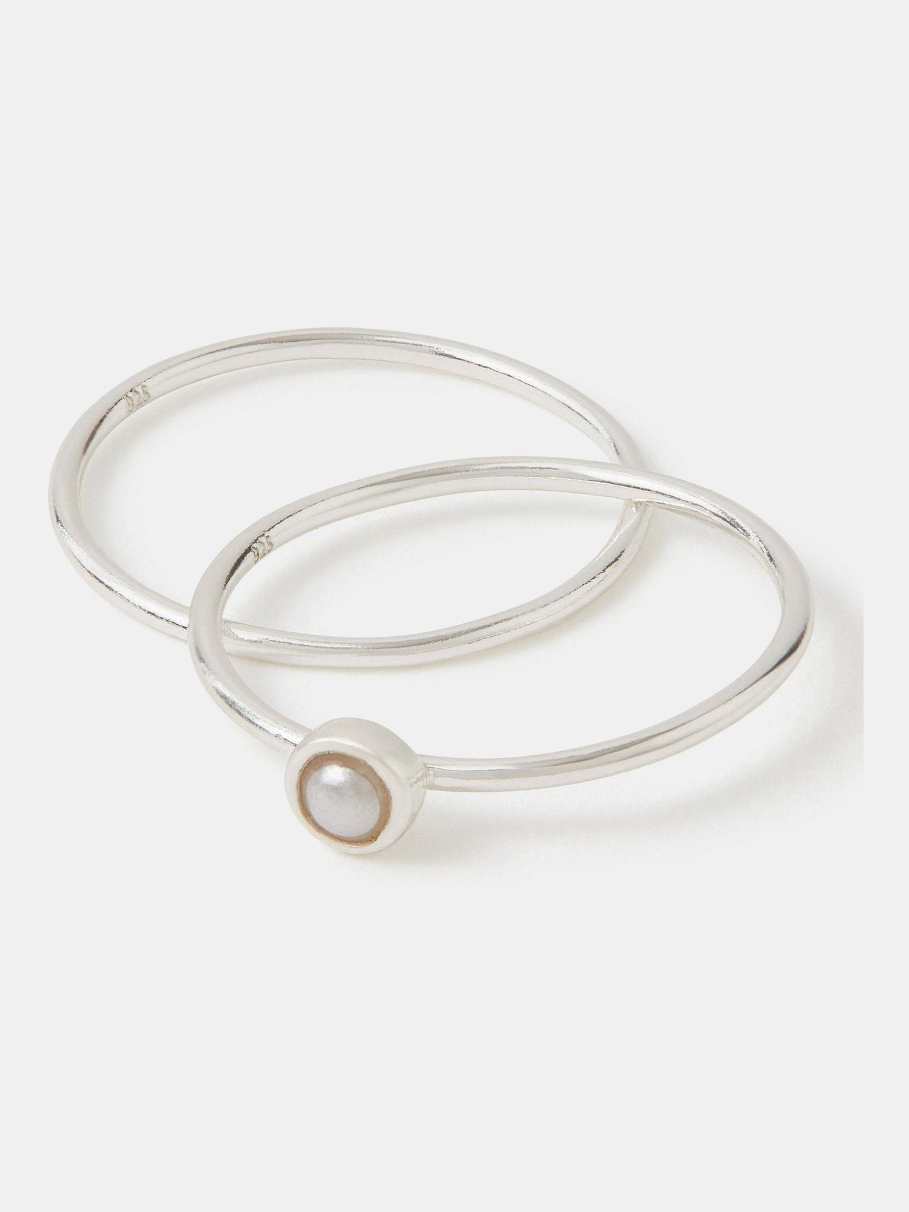 Solid 925 Sterling Silver Rings Set with Faux Pearl, 2 Pack