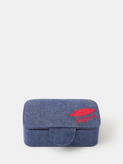 Liten Denim Smykkeskrin med Brodert Lokk og Magnetisk Lukking
