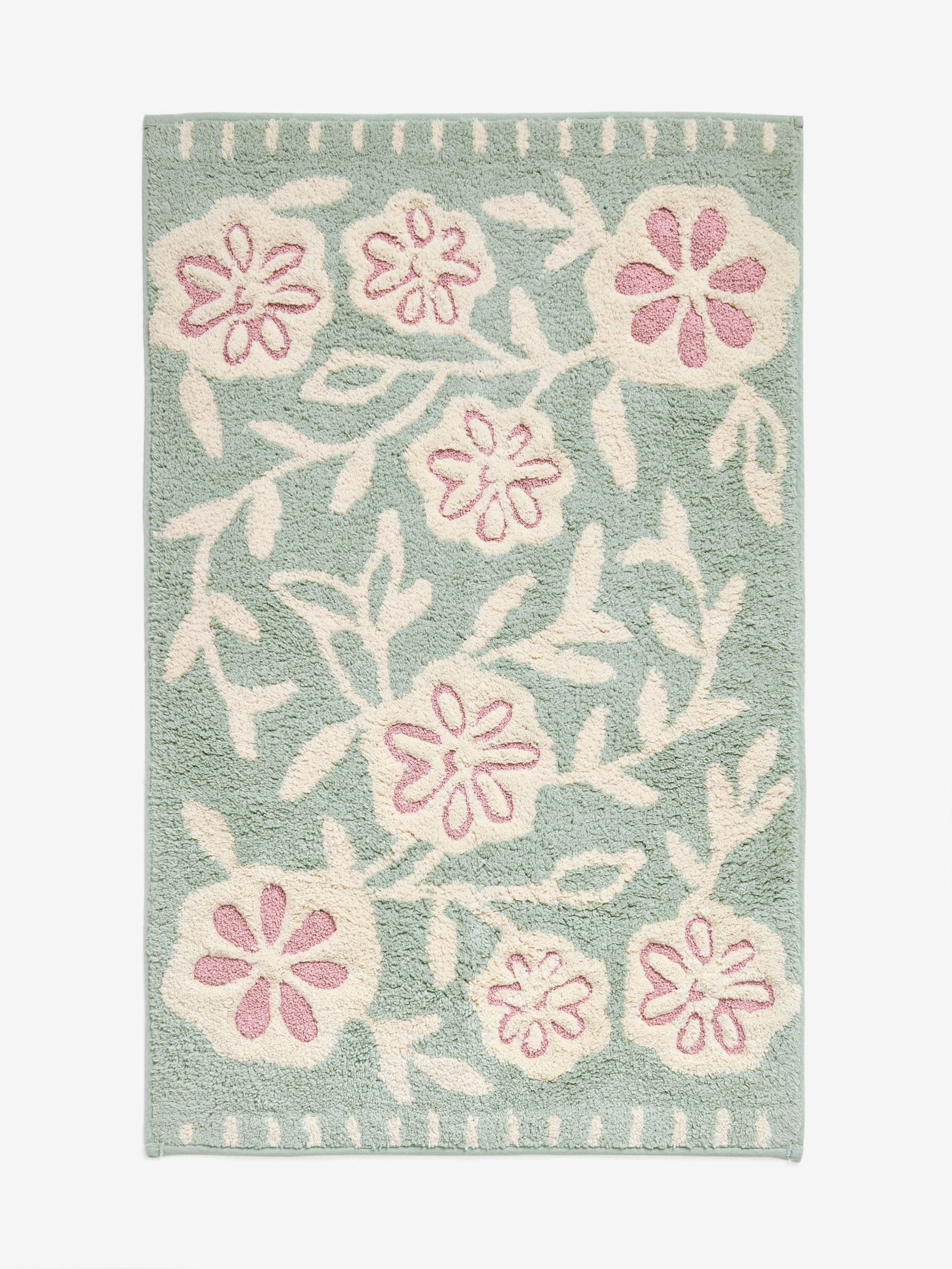 Cotton bath mat sage green floral 50x80cm (British brand)