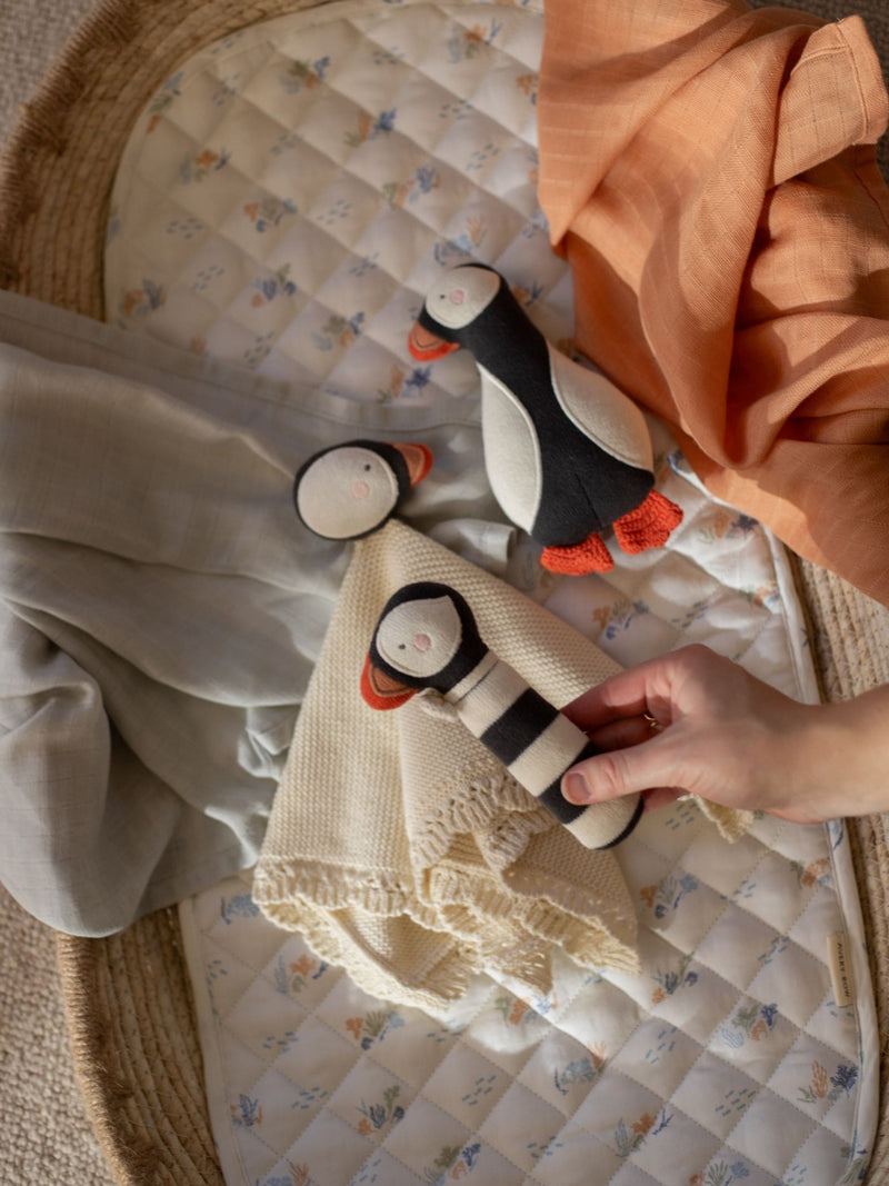 Avery Row Puffin Rattle soft baby toy, imported from the UK