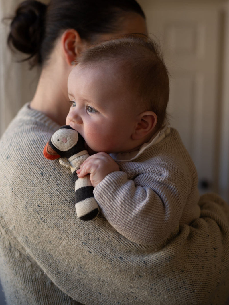 Avery Row Puffin Rattle soft baby toy, imported from the UK