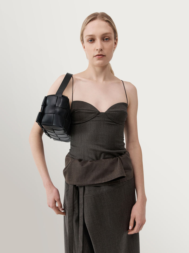 St Agni black woven slim tote, imported from the UK