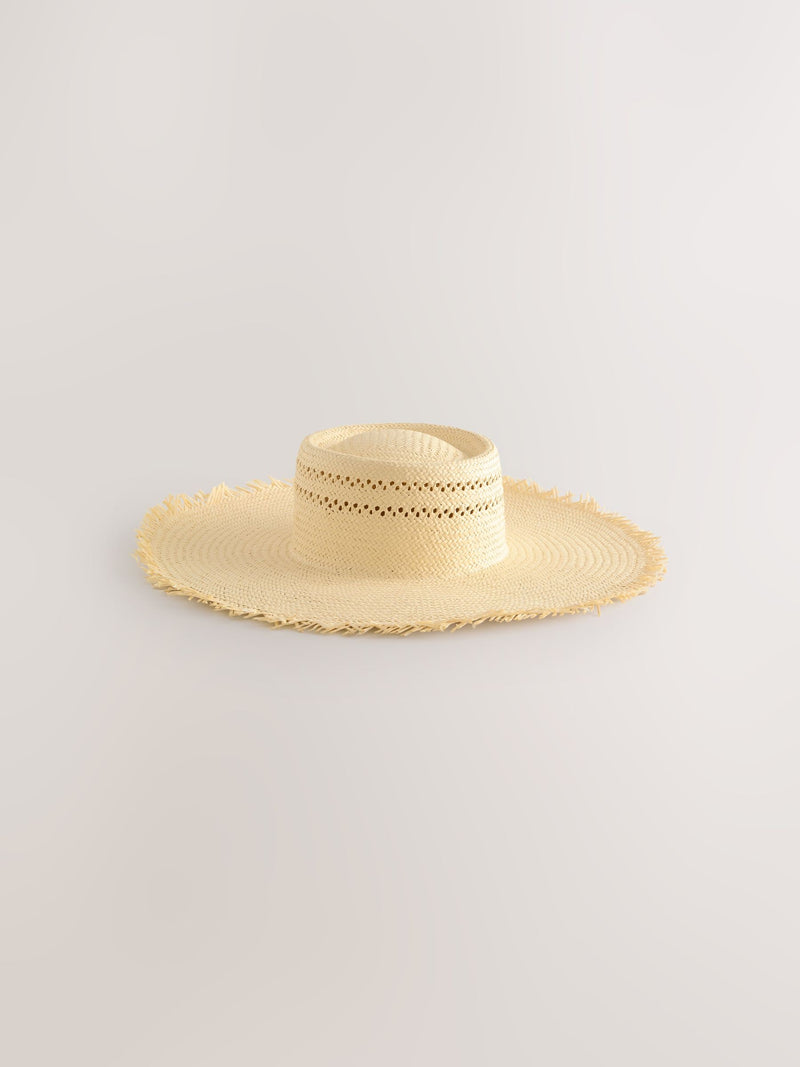 Natural raffia floppy hat with frayed edge detail - British product