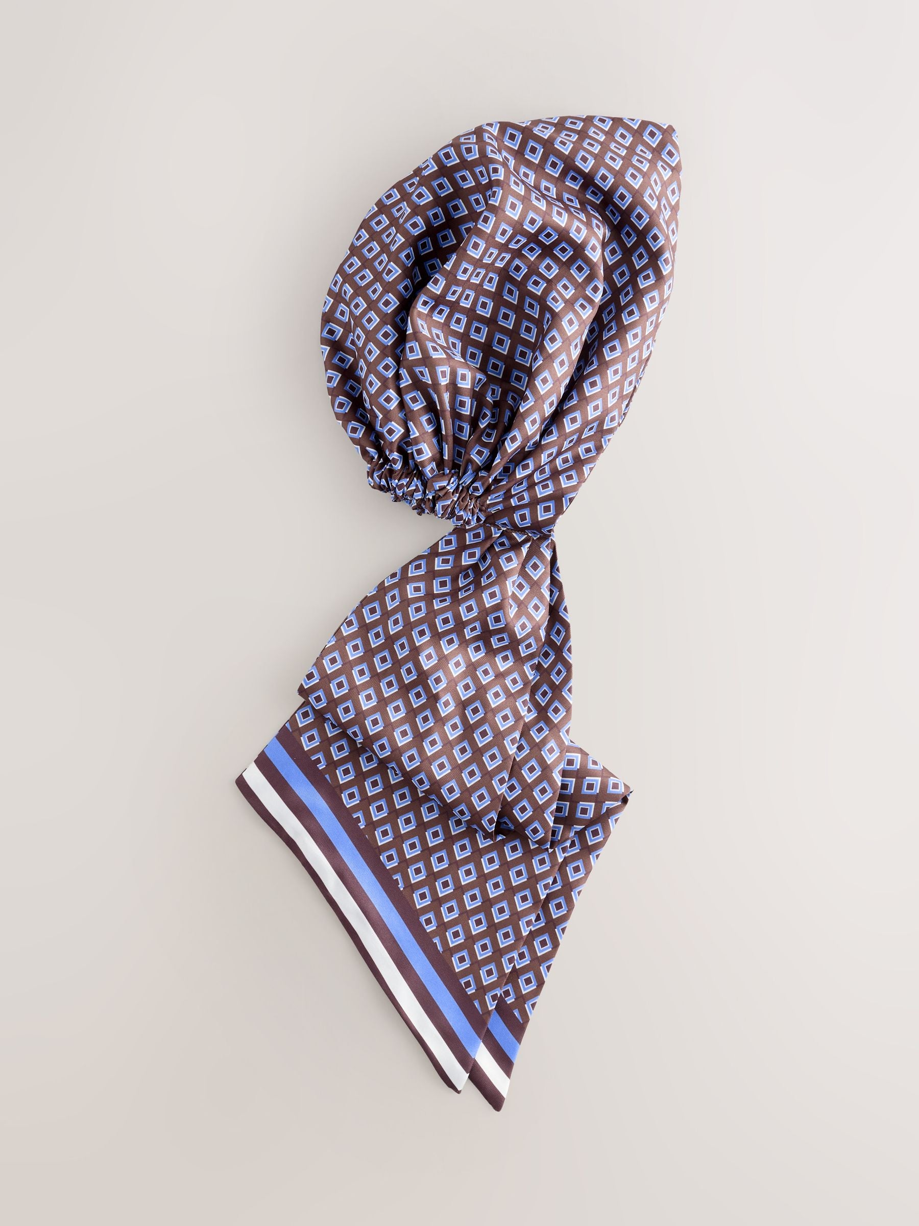 Pre tied headscarf brown geometric print recycled polyester (British brand)