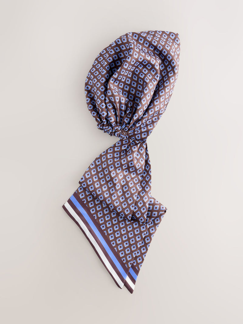 Pre tied headscarf brown geometric print recycled polyester (British brand)