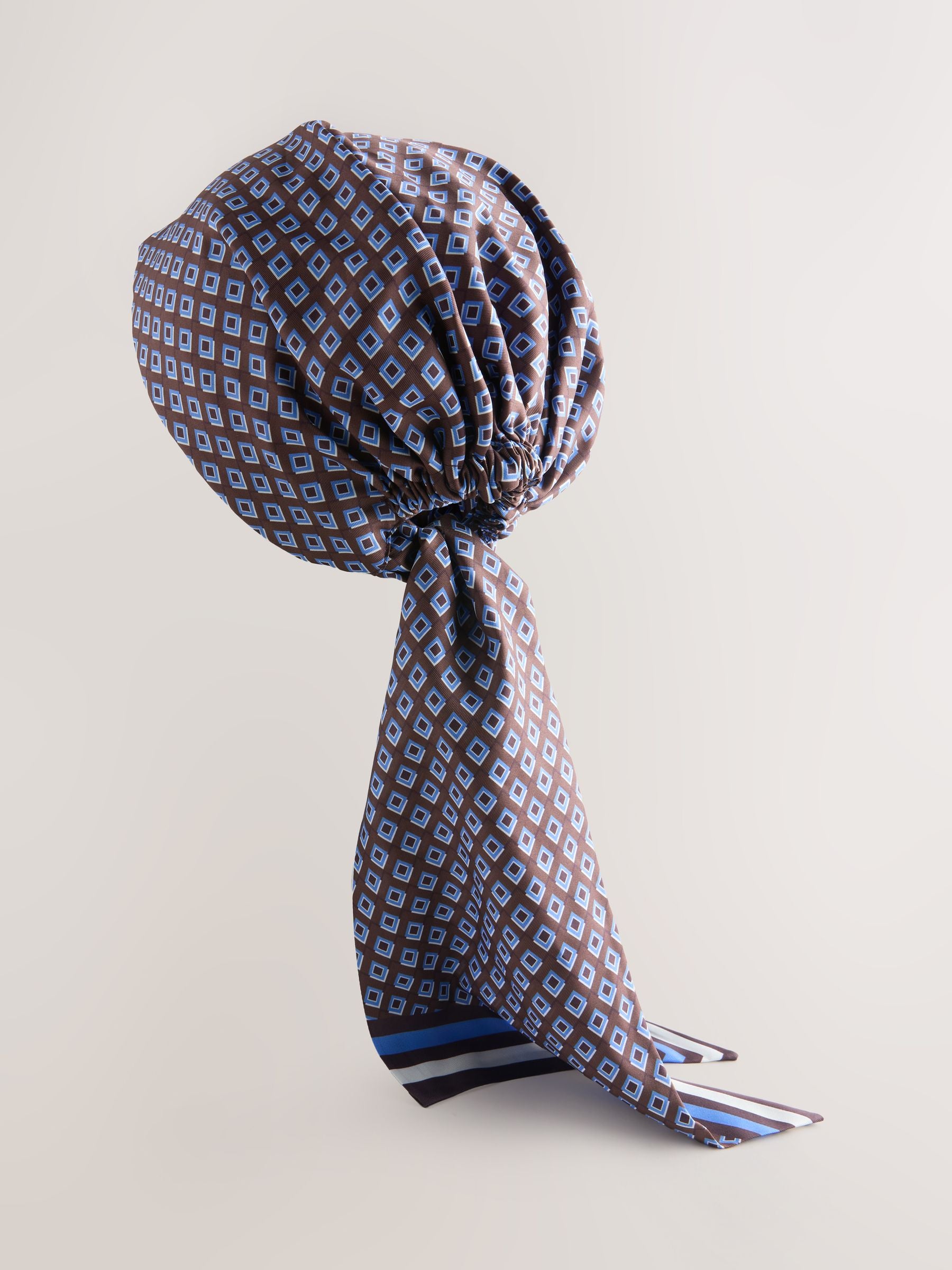 Pre tied headscarf brown geometric print recycled polyester (British brand)