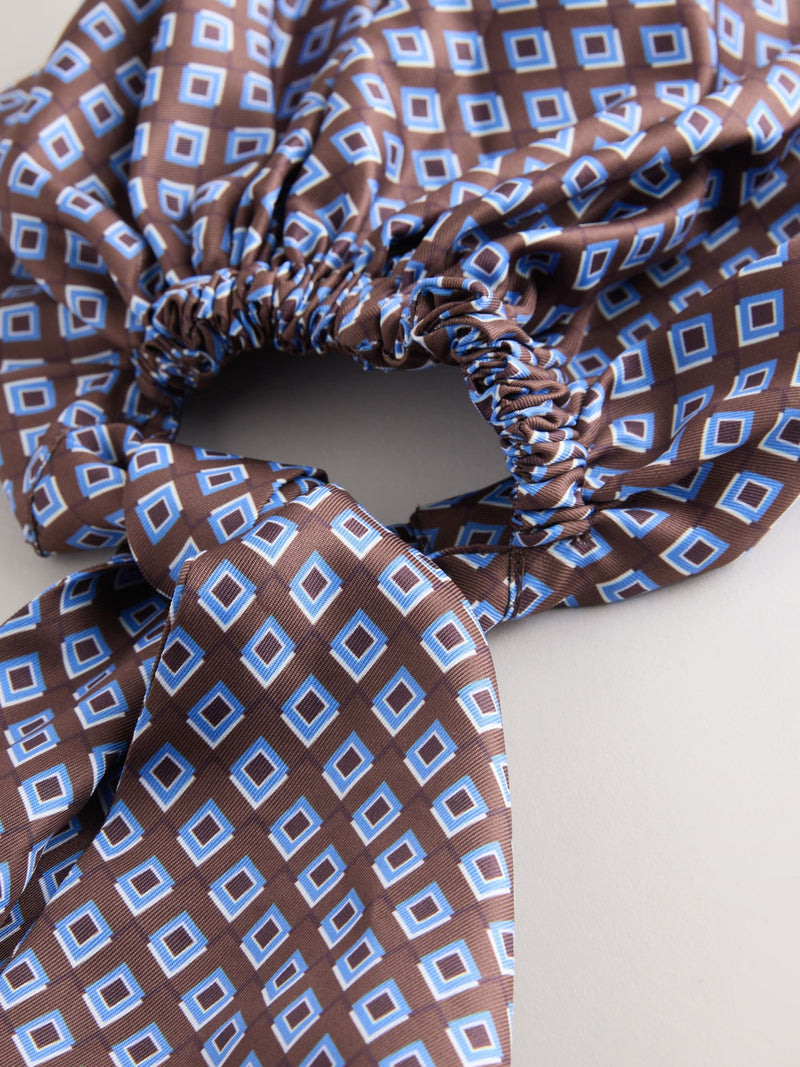 Pre tied headscarf brown geometric print recycled polyester (British brand)