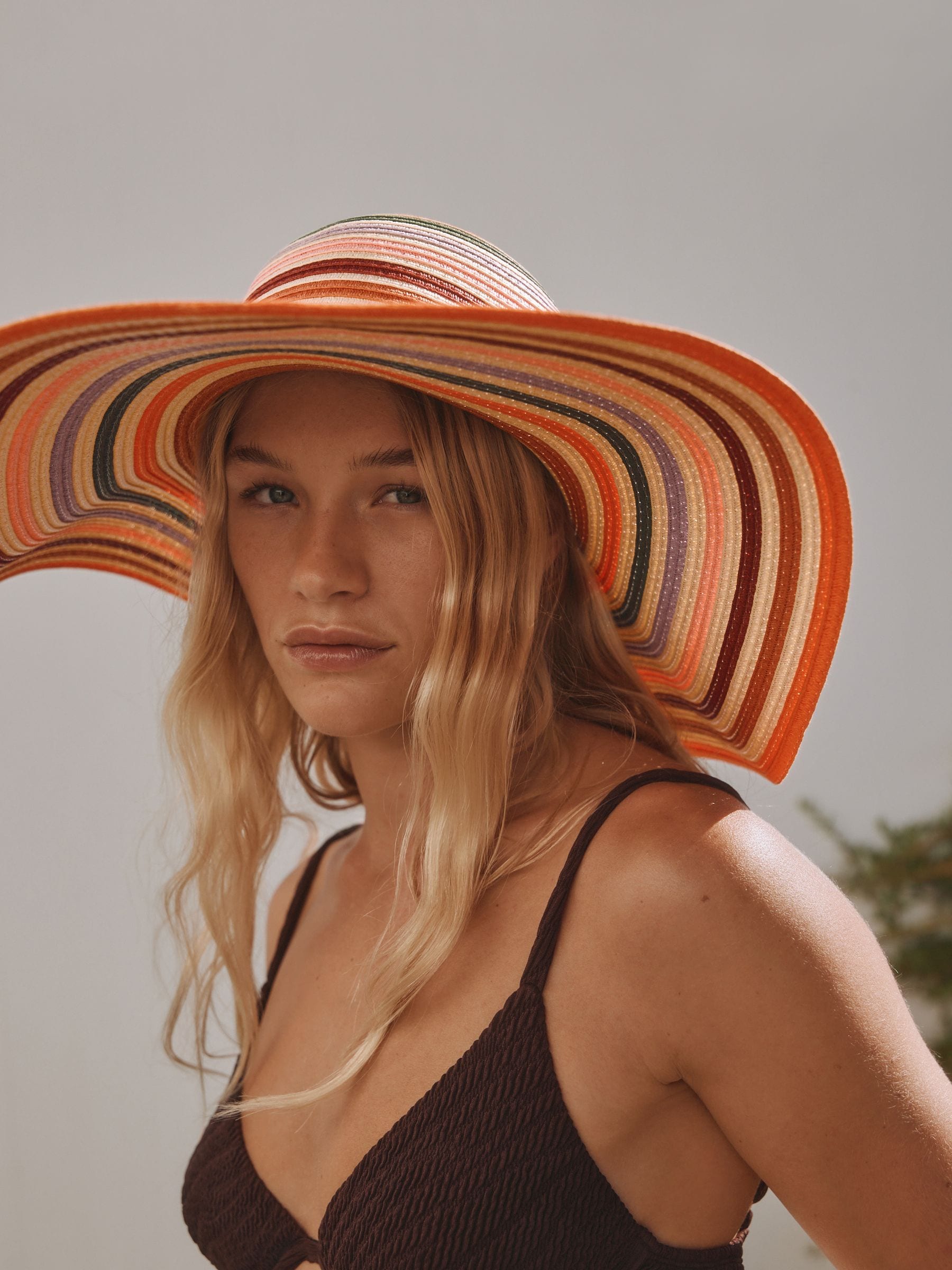 Multicoloured stripe floppy oversized raffia hat - British product