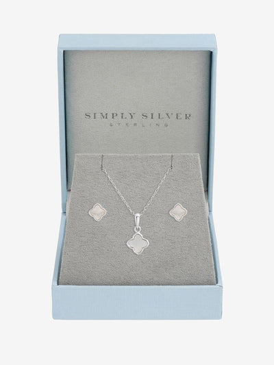 Sterling Silver Mother of Pearl Clover Earring and Necklace Set - Gift Boxed