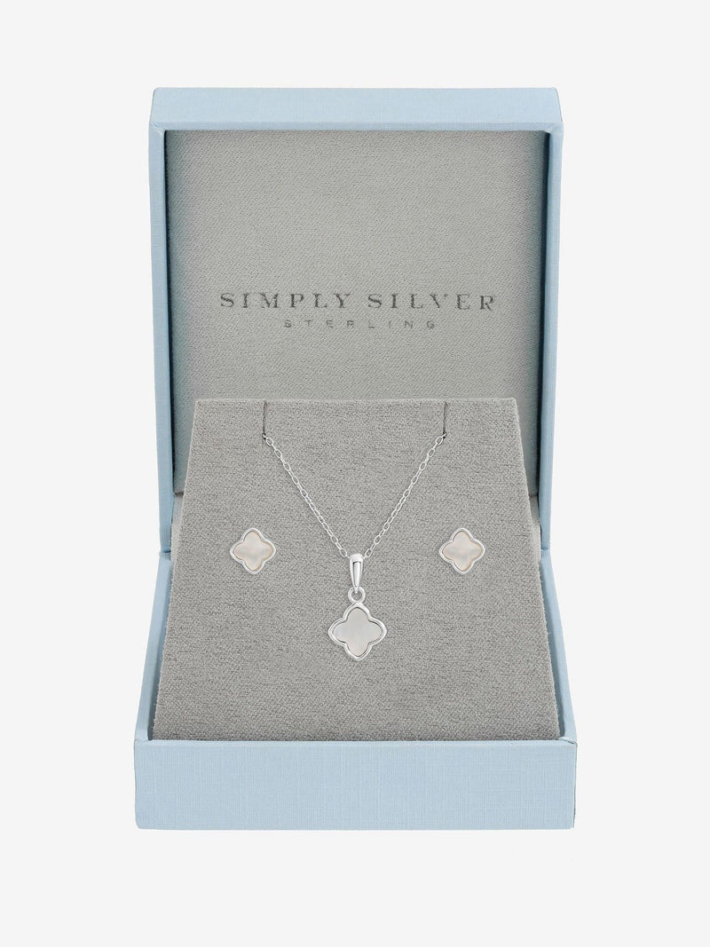 Sterling Silver Mother of Pearl Clover Earring and Necklace Set - Gift Boxed