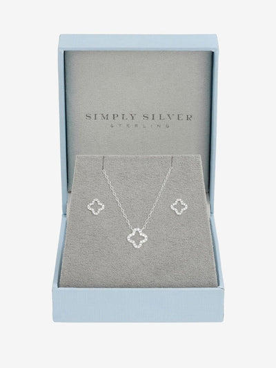 Sterling Silver 925 Cubic Zirconia Pave Open Clover Pendant and Earrings Set in Gift Box