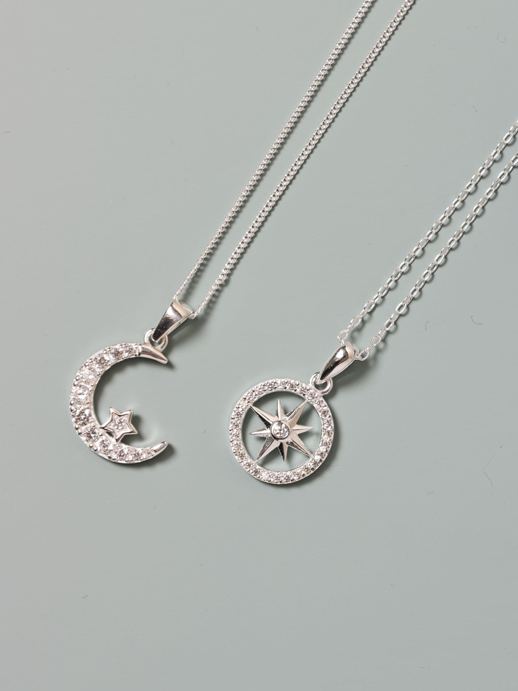 Simply Silver sterling silver cubic zirconia pave celestial pendant necklace, 2 chain (British brand)