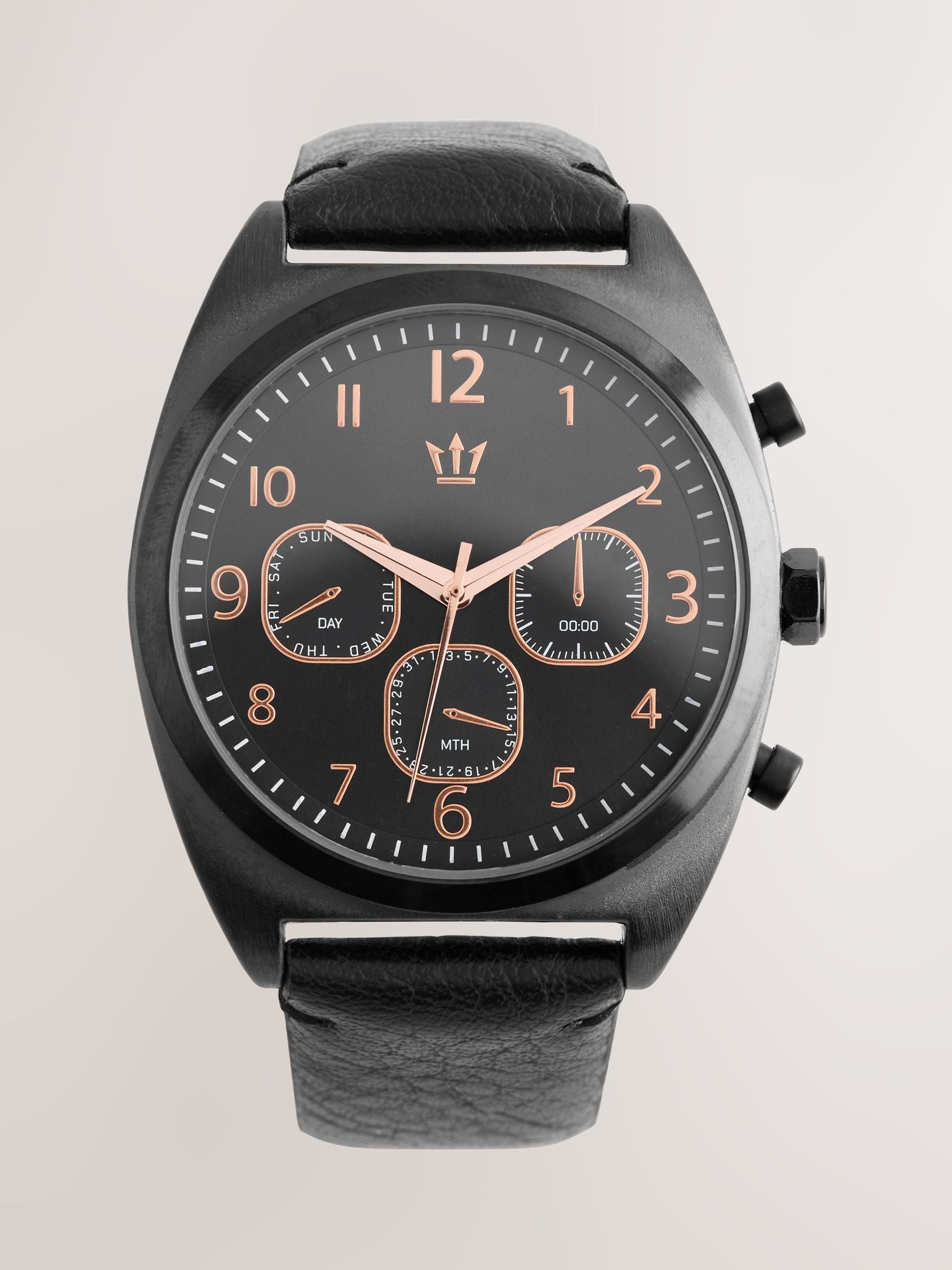 Black strap watch with rose gold features - British product