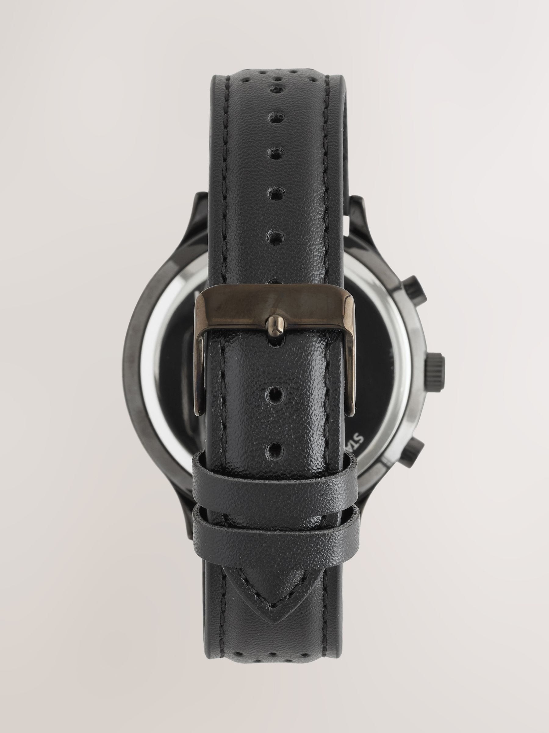 Black watch with perforated faux leather strap - British product