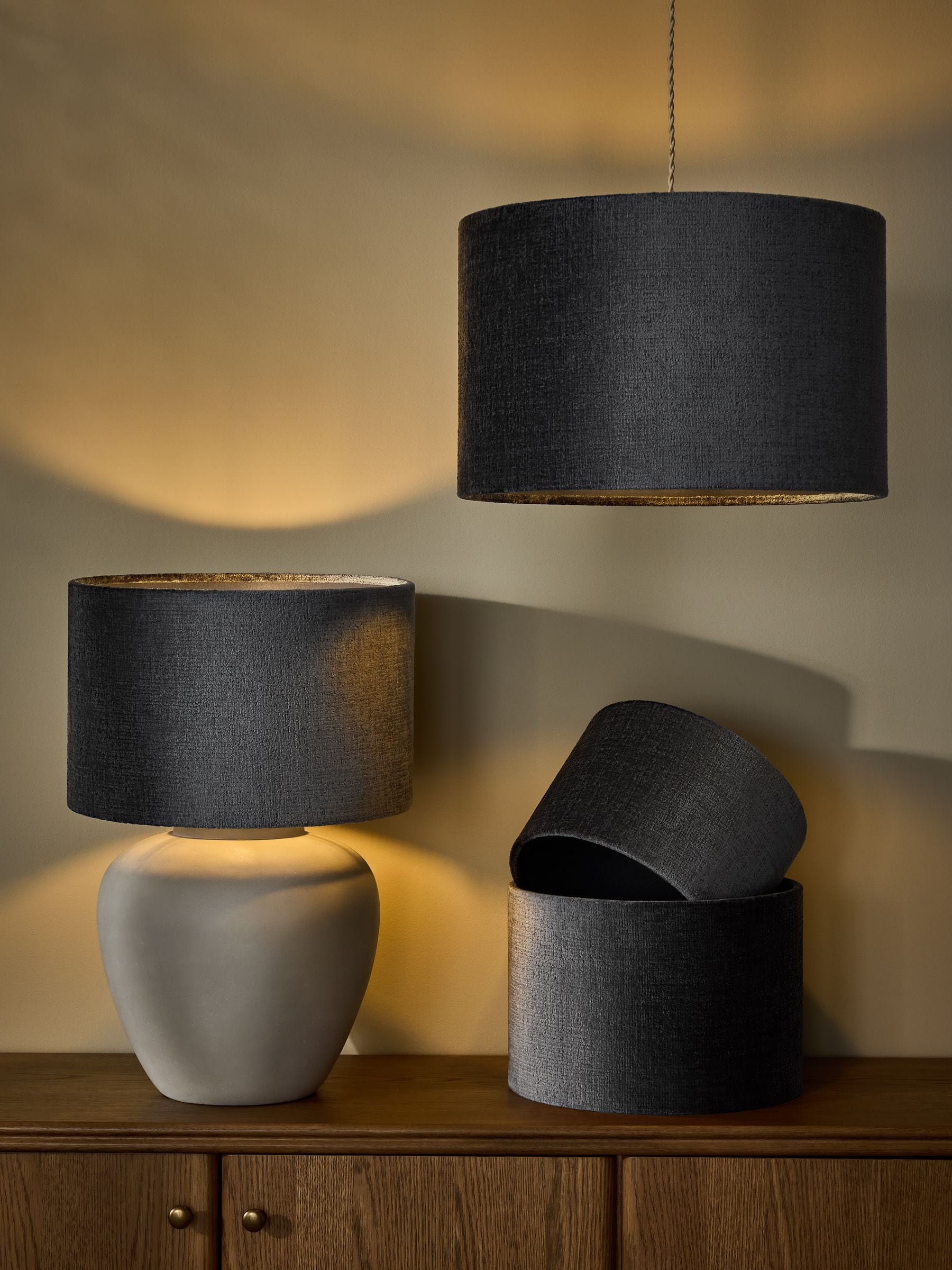 Slate blue chenille drum lampshade (British brand)