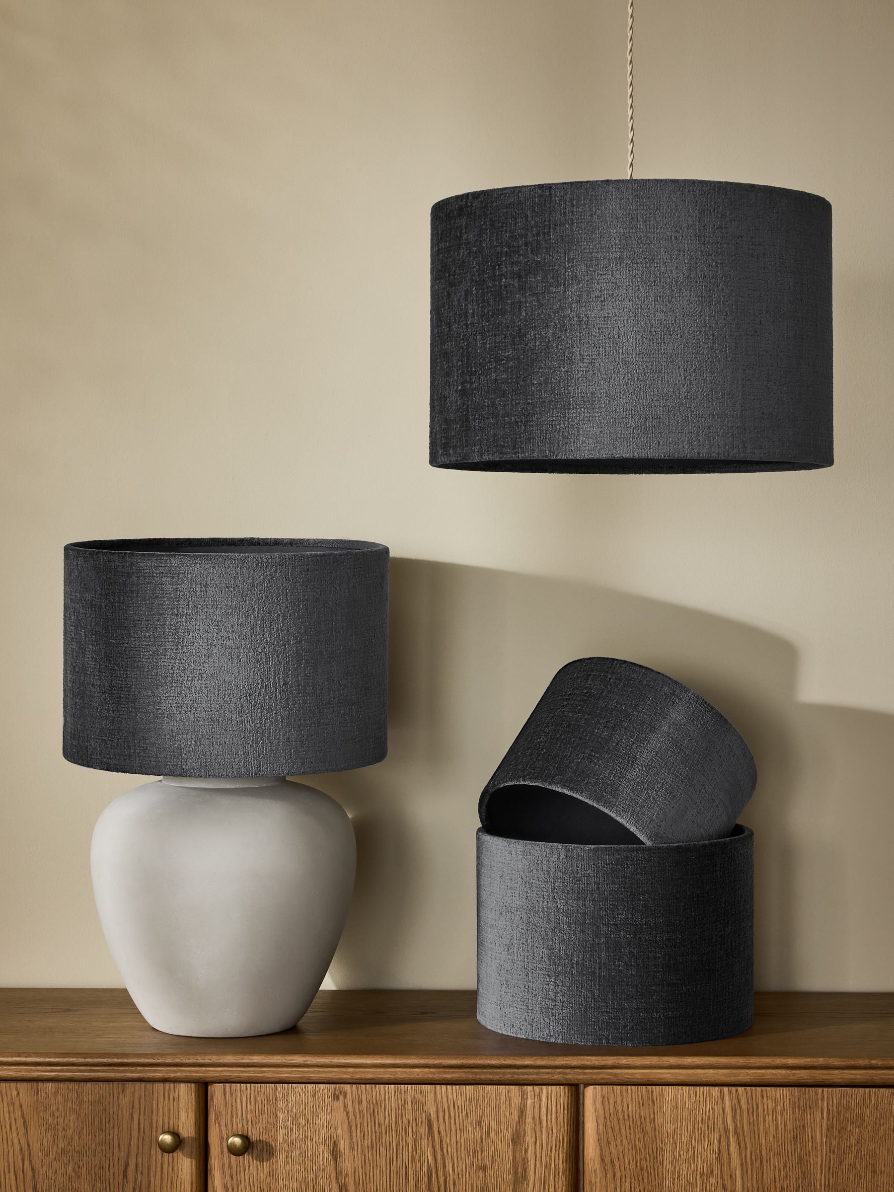 Slate blue chenille drum lampshade (British brand)