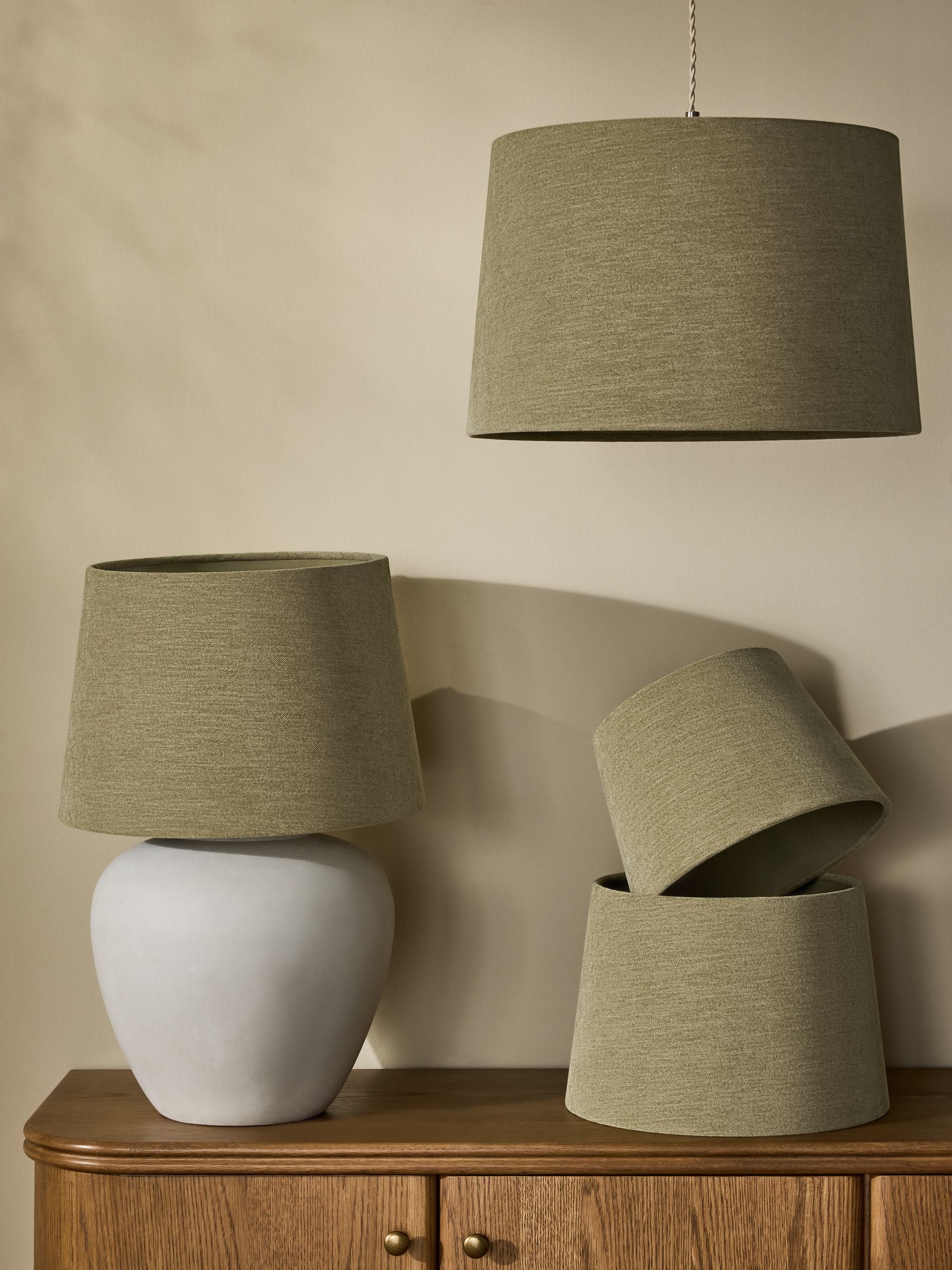 Light olive green chenille tapered ceiling lamp shade (British brand)