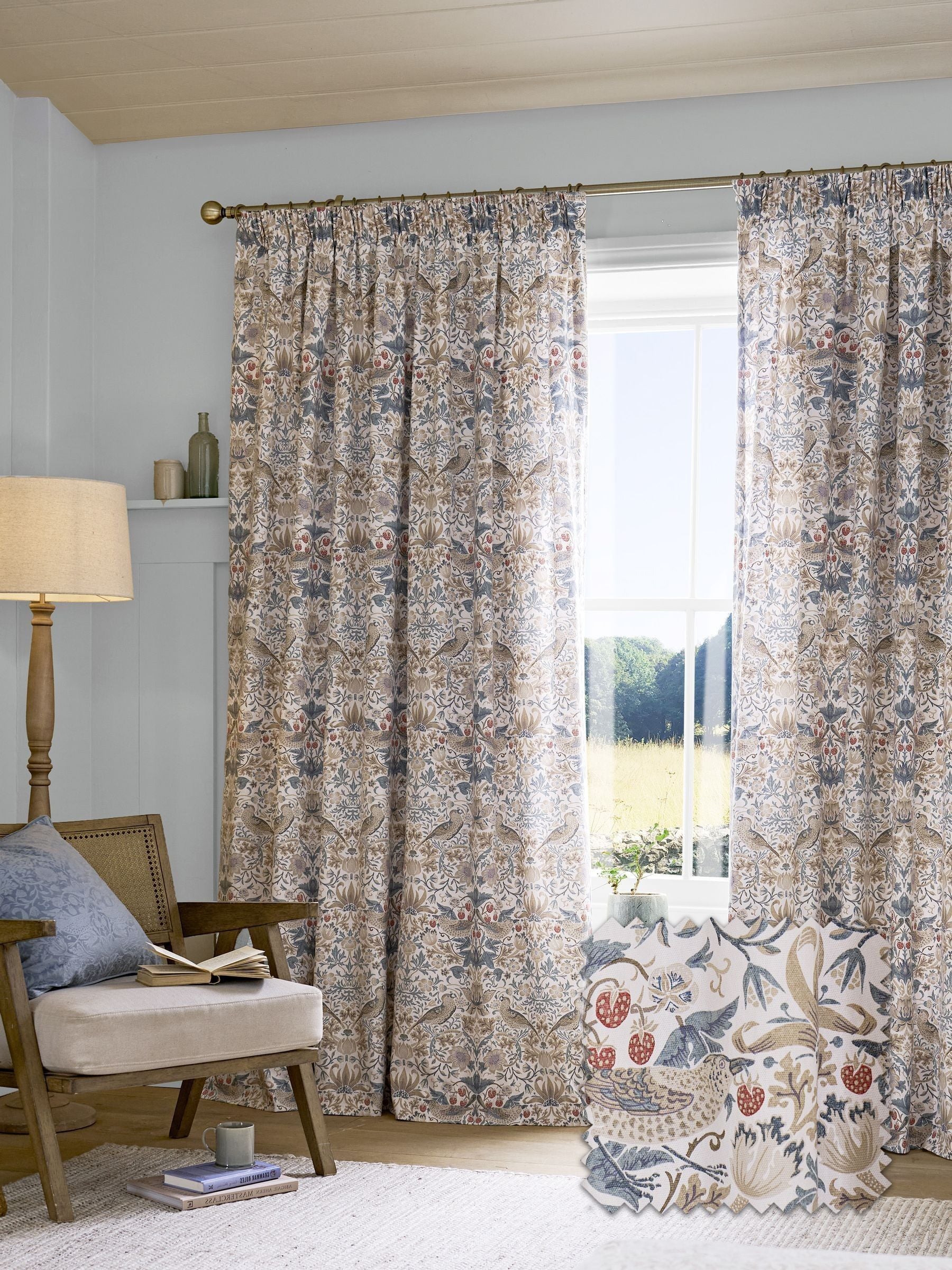 William Morris Strawberry Thief pencil pleat curtains 229cm x 274cm, imported from the UK