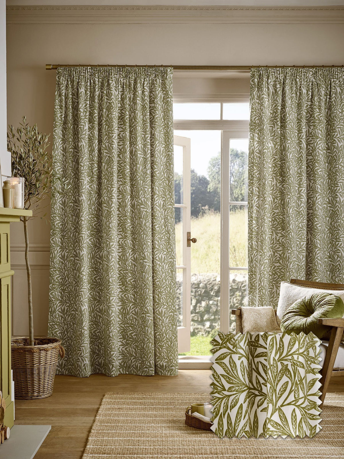 William Morris olive green willow pencil pleat curtains (British brand)
