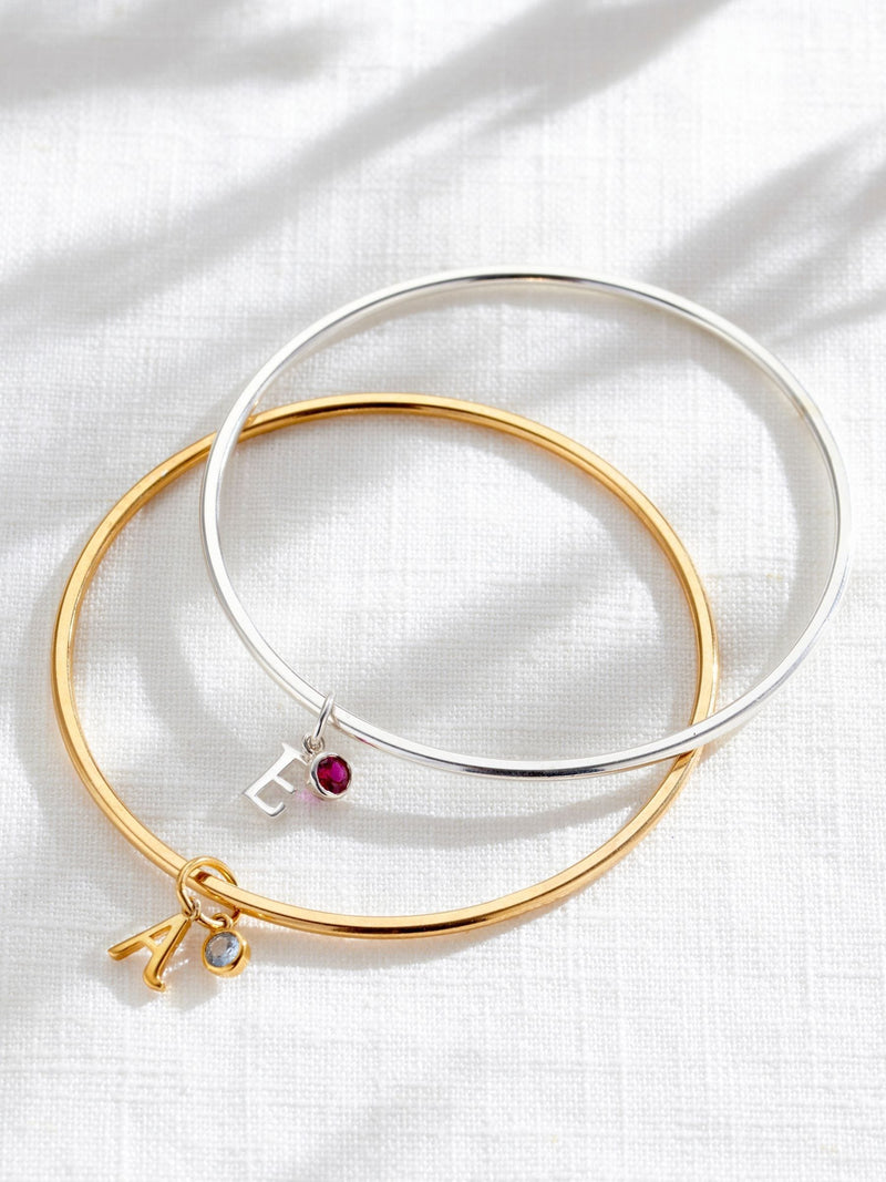 Posh Totty Designs initial birthstone charm bangle 6.5cm, imported from the UK