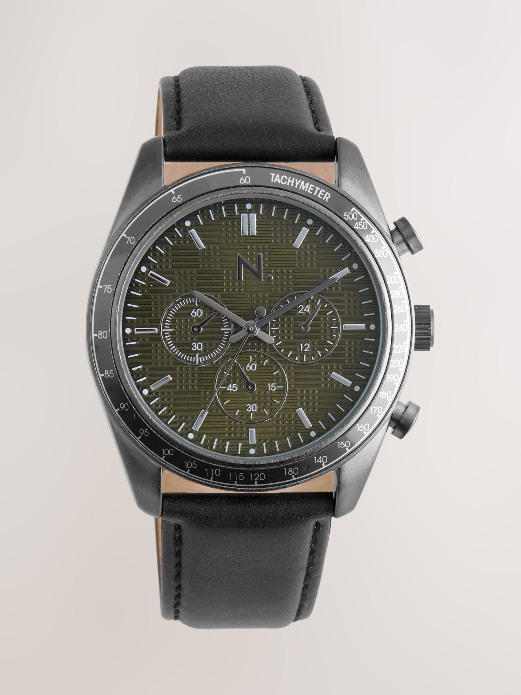 Black N. leather strap watch with green checkerboard dial, UK version