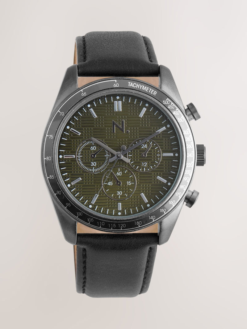 Black N. leather strap watch with green checkerboard dial, UK version