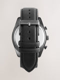 Black N. leather strap watch with green checkerboard dial, UK version