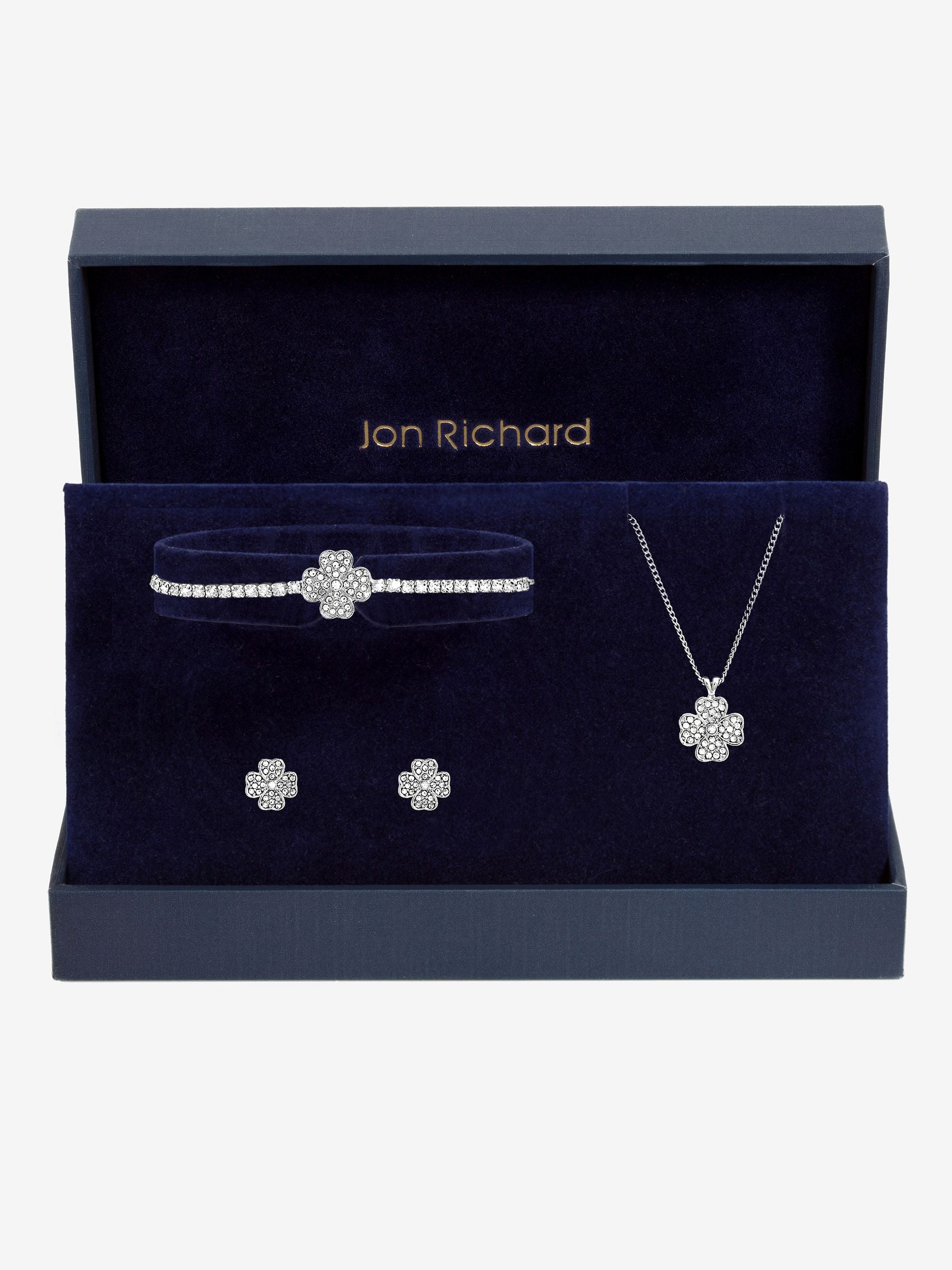 Jon Richard silver pave clover trio jewellery set, UK version