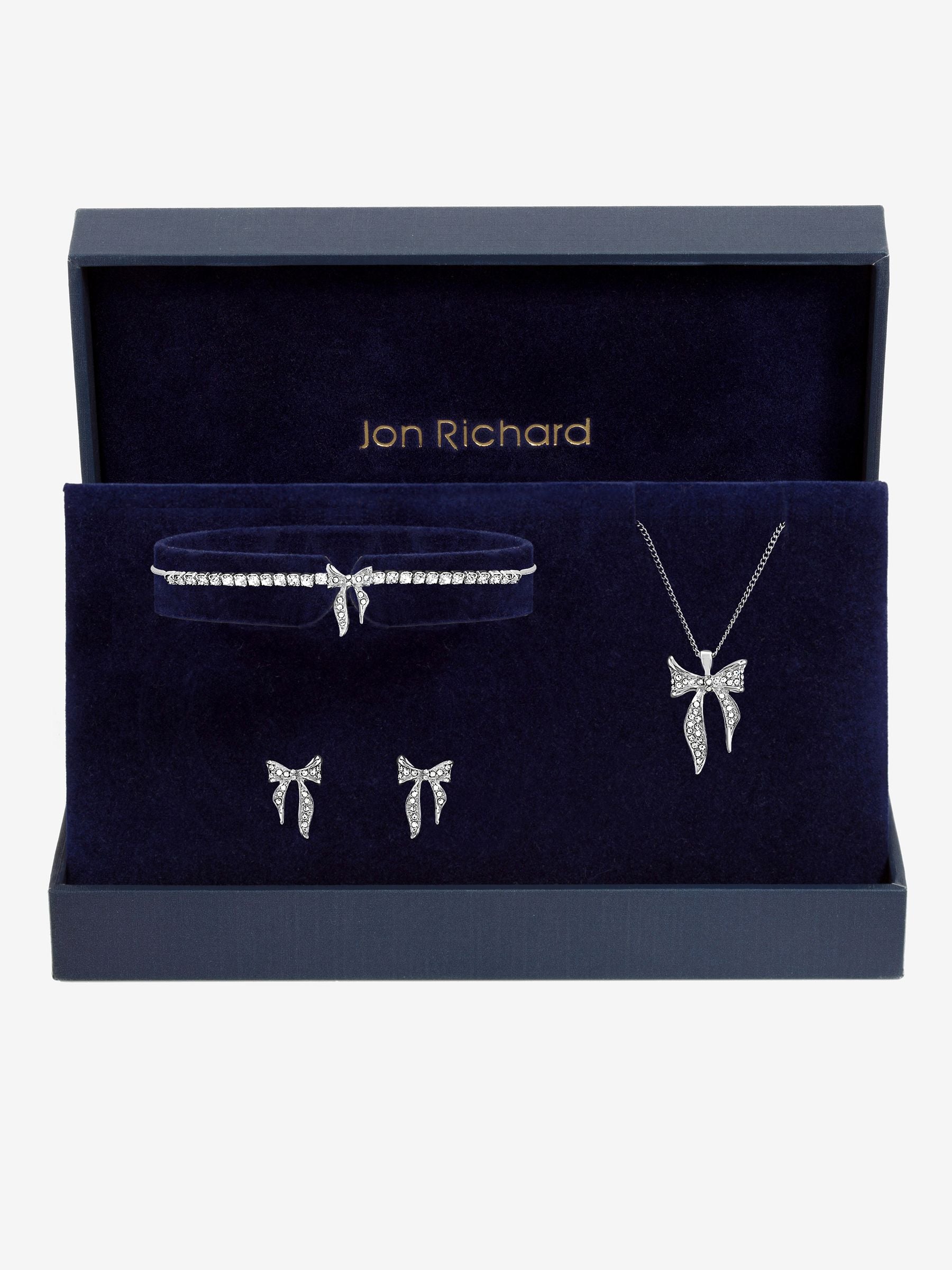 Silver Plated Pave Bow Trio Jewellery Set with 16' Chain and Lobster Clasp
