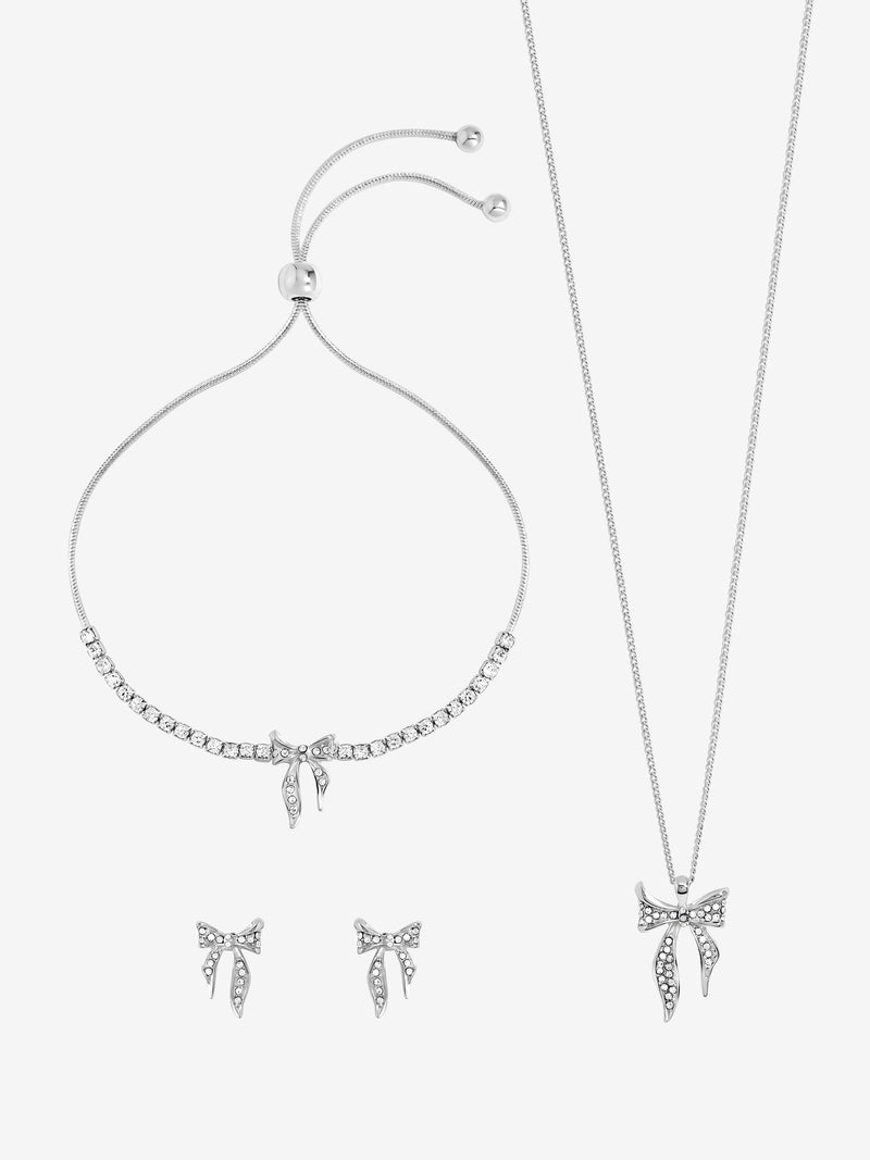 Silver Plated Pave Bow Trio Jewellery Set with 16' Chain and Lobster Clasp