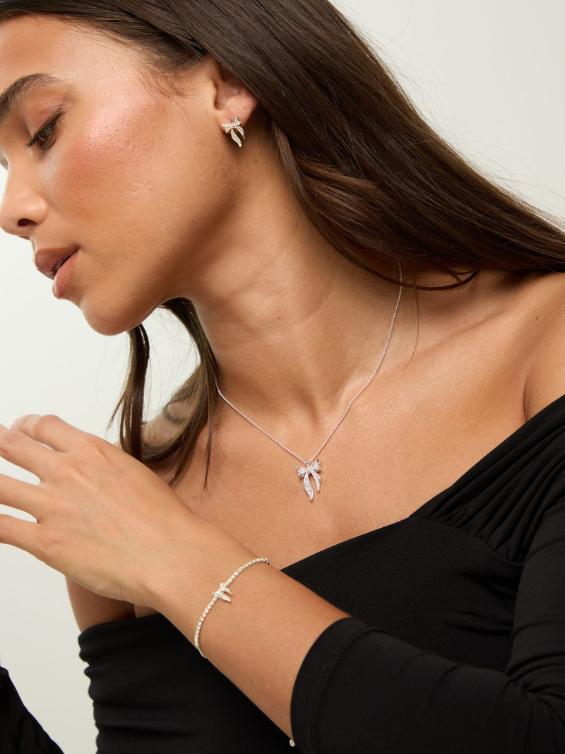 Silver Plated Pave Bow Trio Jewellery Set with 16' Chain and Lobster Clasp