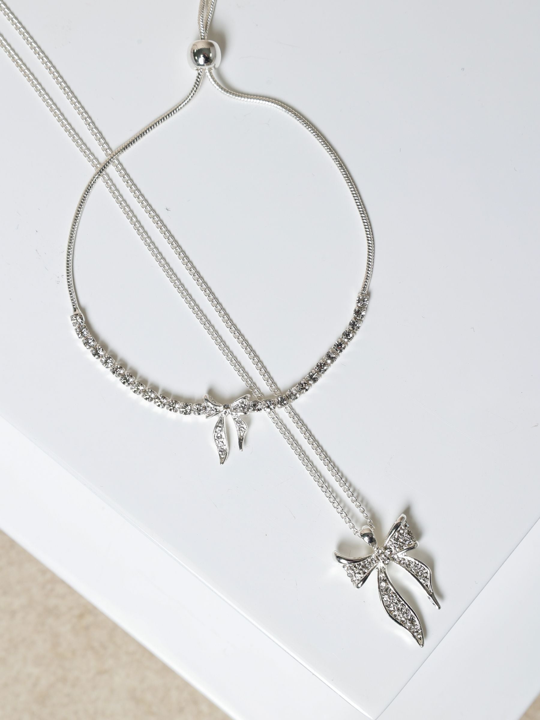 Silver Plated Pave Bow Trio Jewellery Set with 16' Chain and Lobster Clasp