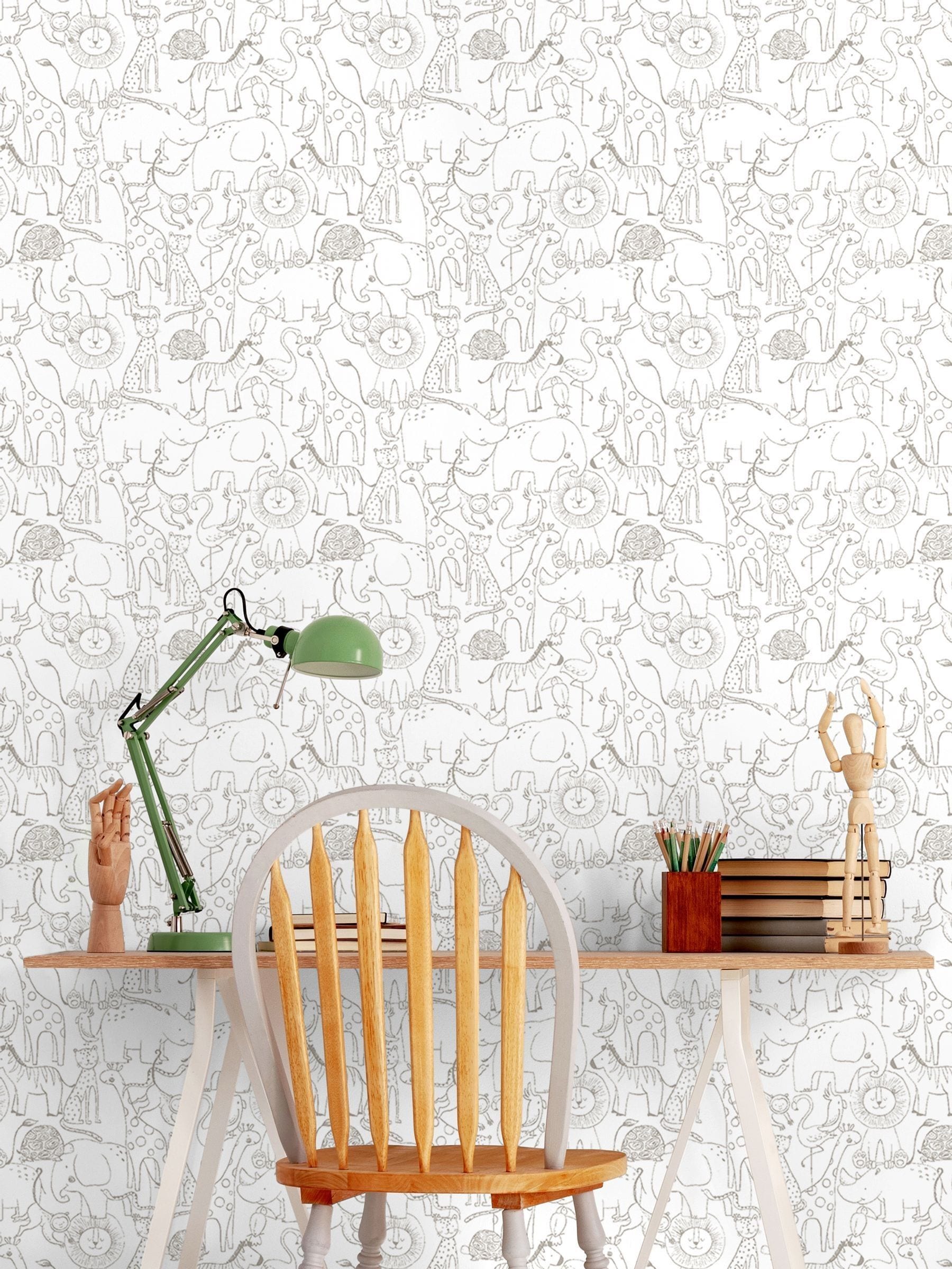 Hoopla Walls Grey Animal Print Doodle 10m Wallpaper
