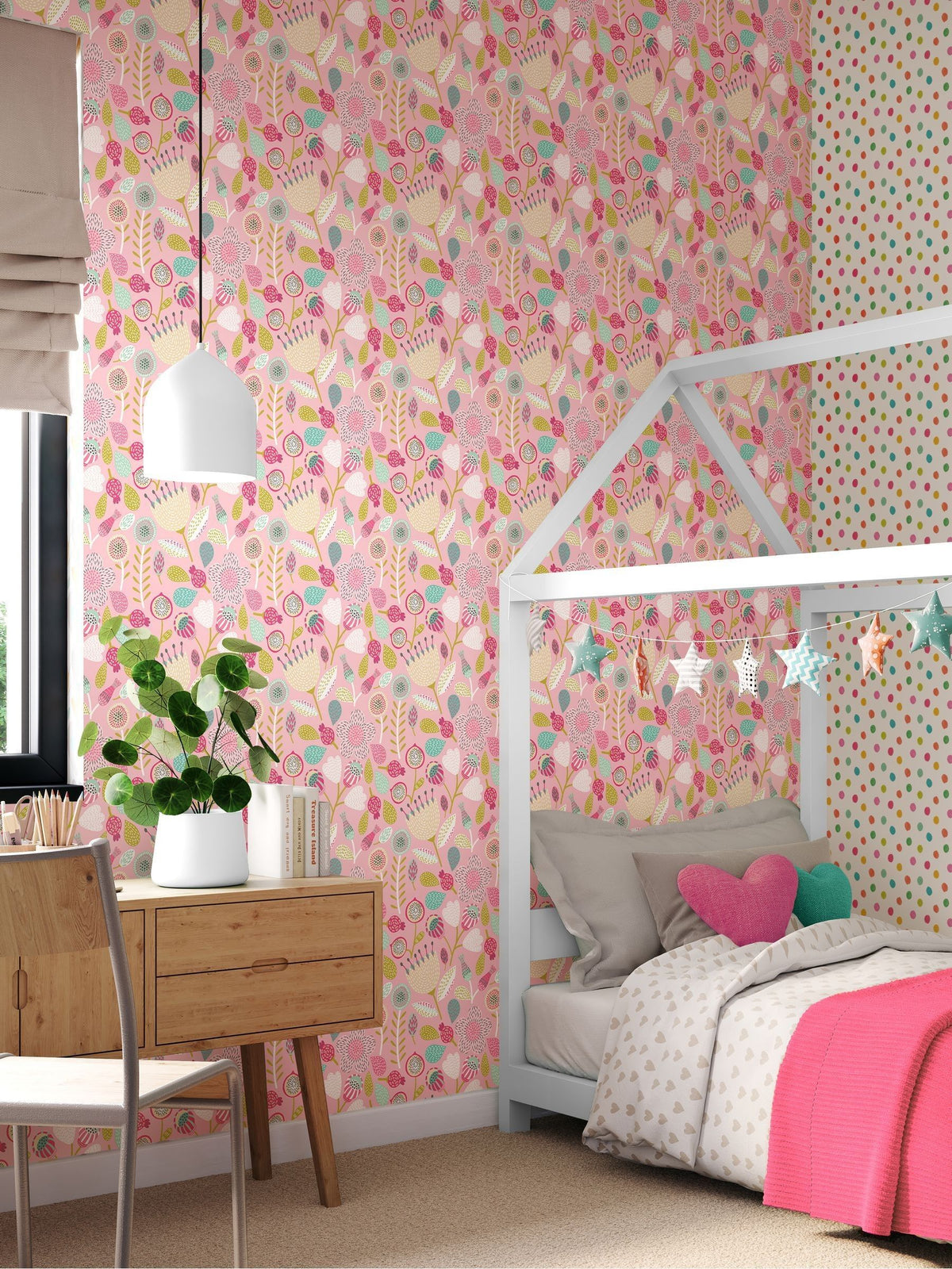 Hoopla Walls Pink Folk Floral wallpaper 10m roll, imported from the UK