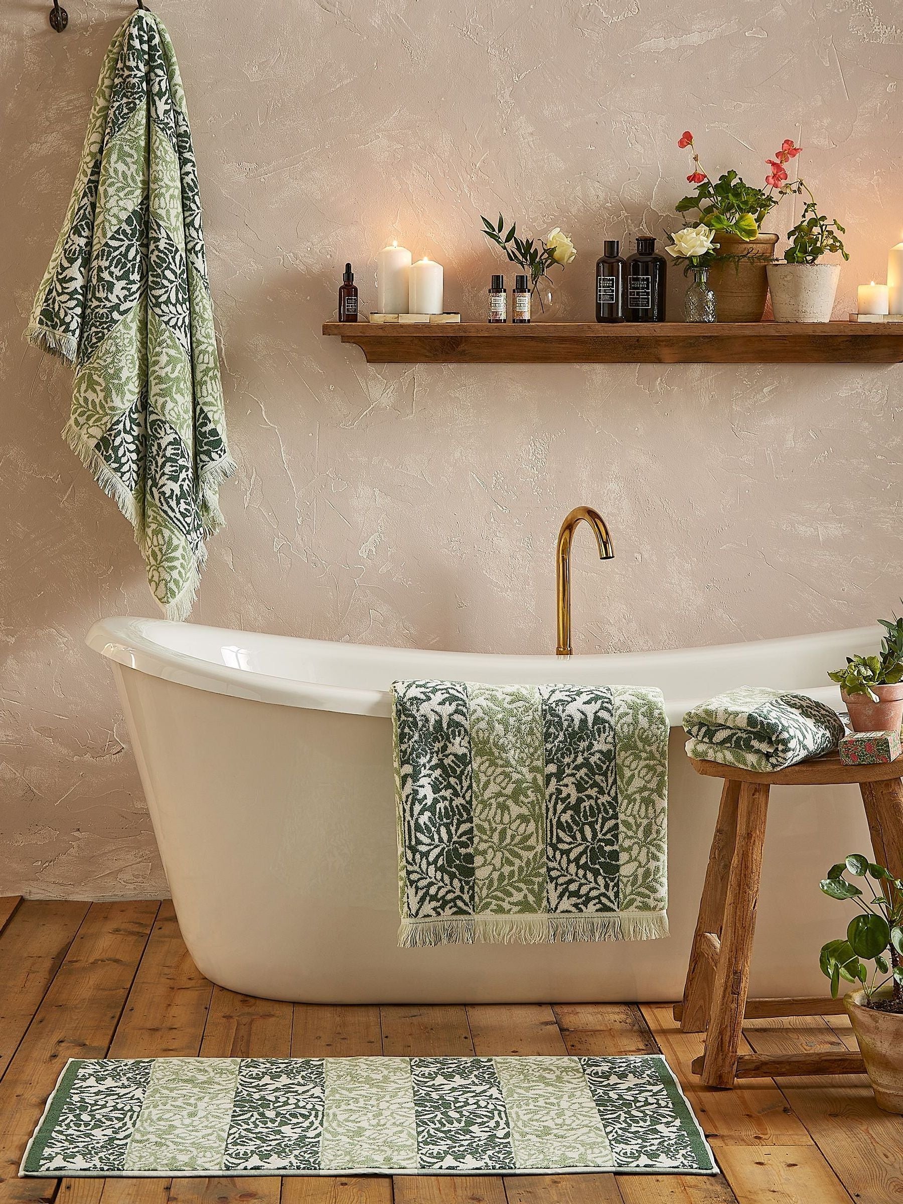 William Morris sage green rose stripe towel, UK version