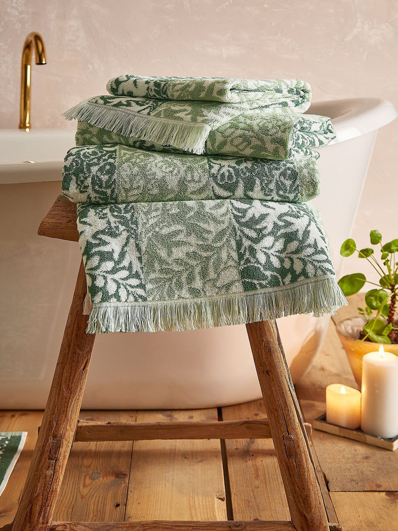 William Morris sage green rose stripe towel, UK version