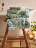 William Morris sage green rose stripe towel, UK version