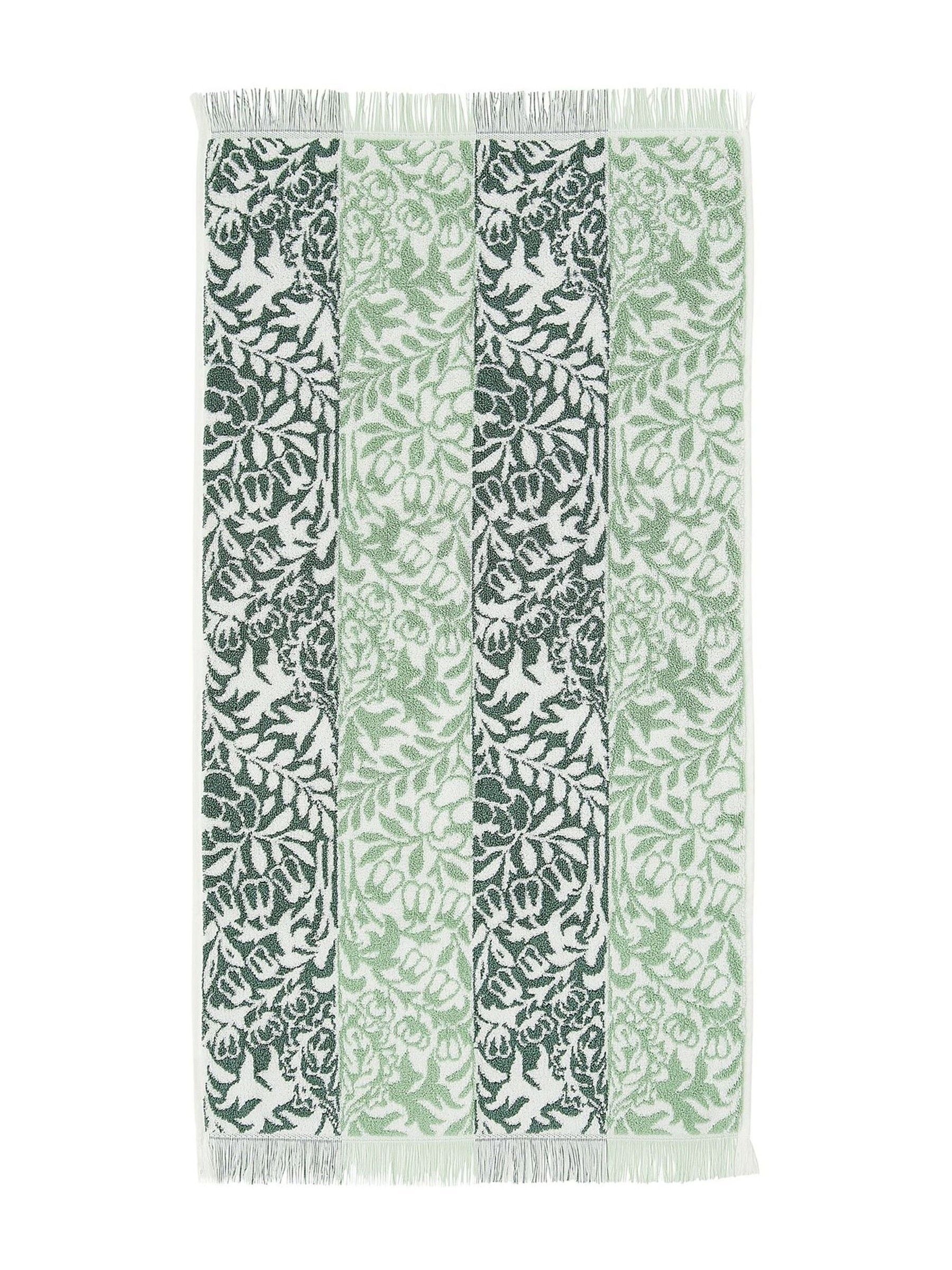 William Morris sage green rose stripe towel, UK version